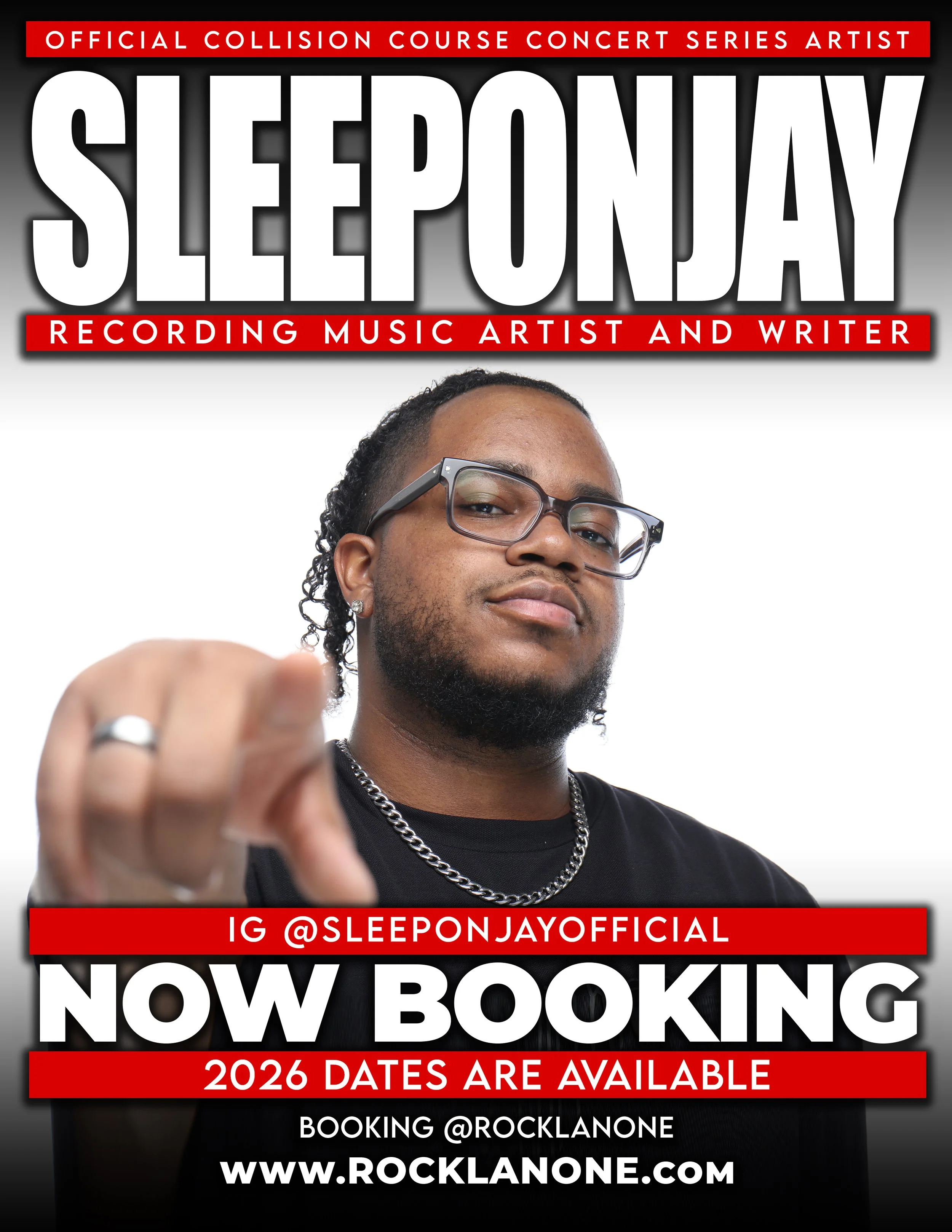 Promotional poster of SleeponJay with a confident expression, wearing glasses, jewelry, and a black shirt, advertising booking information for musical performances in 2026 with links to Instagram, website, and booking contact.