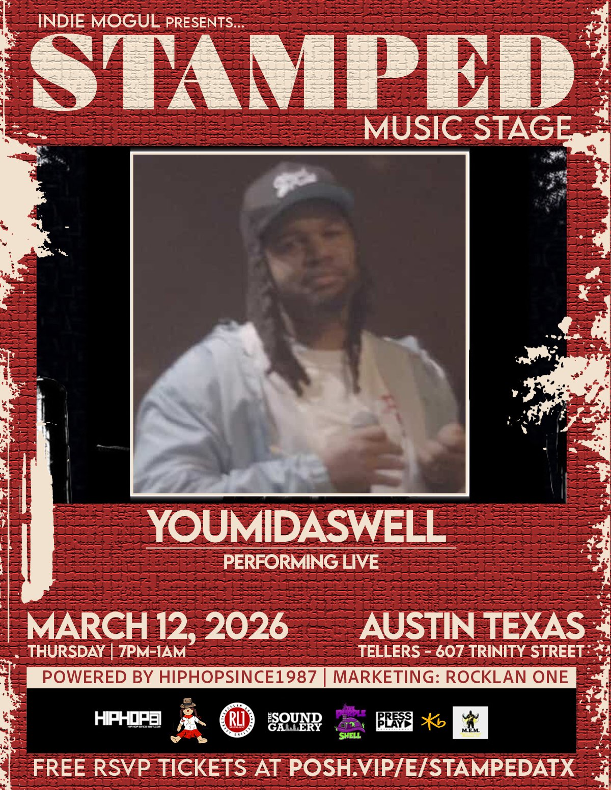 Promotional poster for a live music event featuring Clay James & Friends, scheduled for Thursday, March 12th, 2026 at 7 PM at Telllers in Austin, Texas, presented by Playas Club Music Group and Rocklan One, with featured independent artists in urban music.