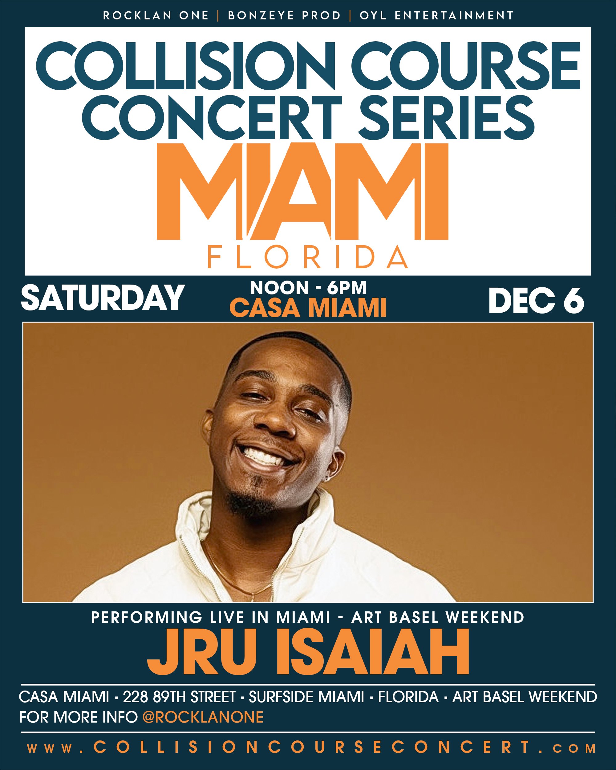 Poster advertising a concert event for the Collision Course Concert Series in Miami, Florida, scheduled for Saturday, December 6th, from noon to 6 pm at Casa Miami. The featured performer is Jru Isaiah, performing live in Miami as part of Art Basel Weekend.