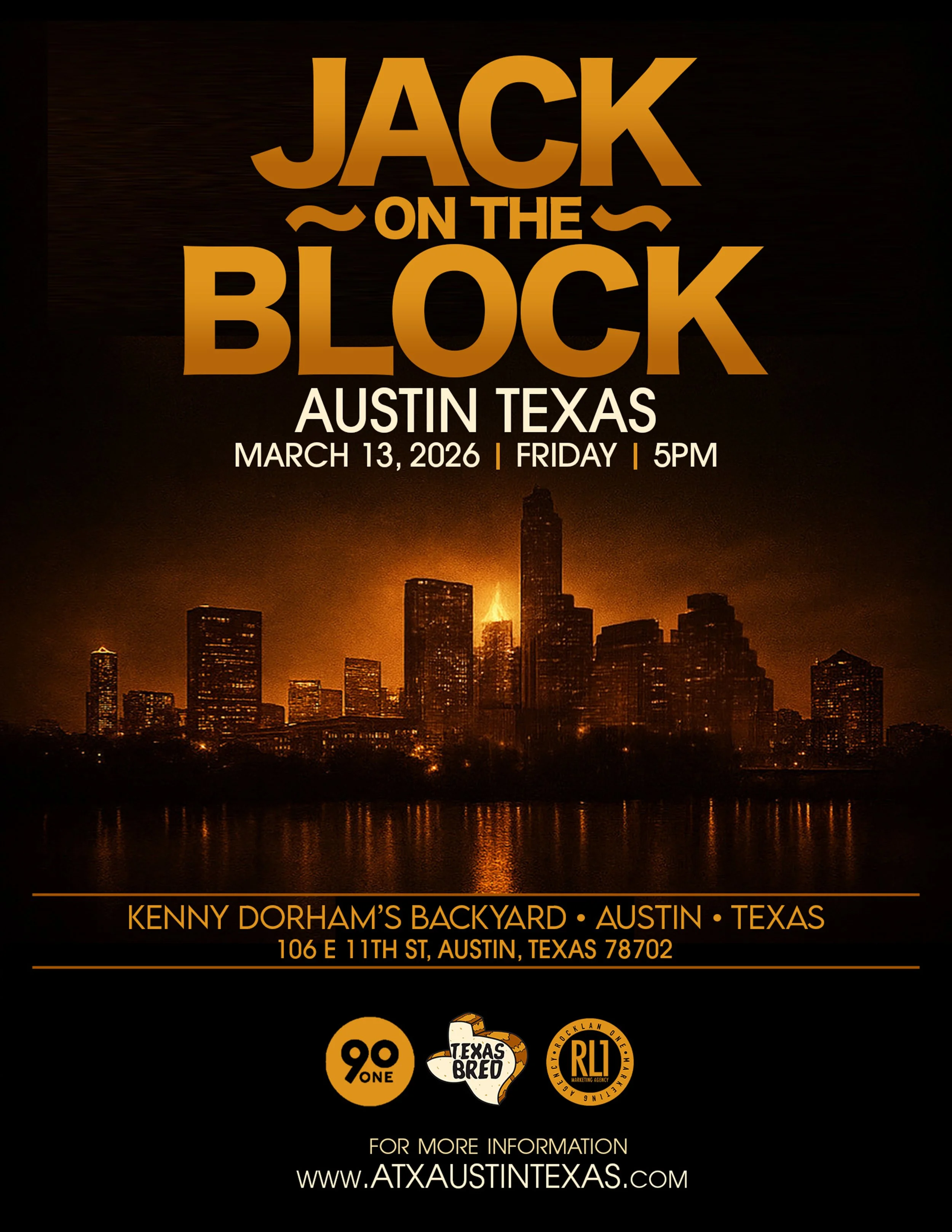 Event poster for 'Jack on the Block' happening Saturday, March 14-26, in Austin, Texas, featuring a city skyline at night with bright lights, and logos for Jack Daniel's, Texas Bred, and 90.1.
