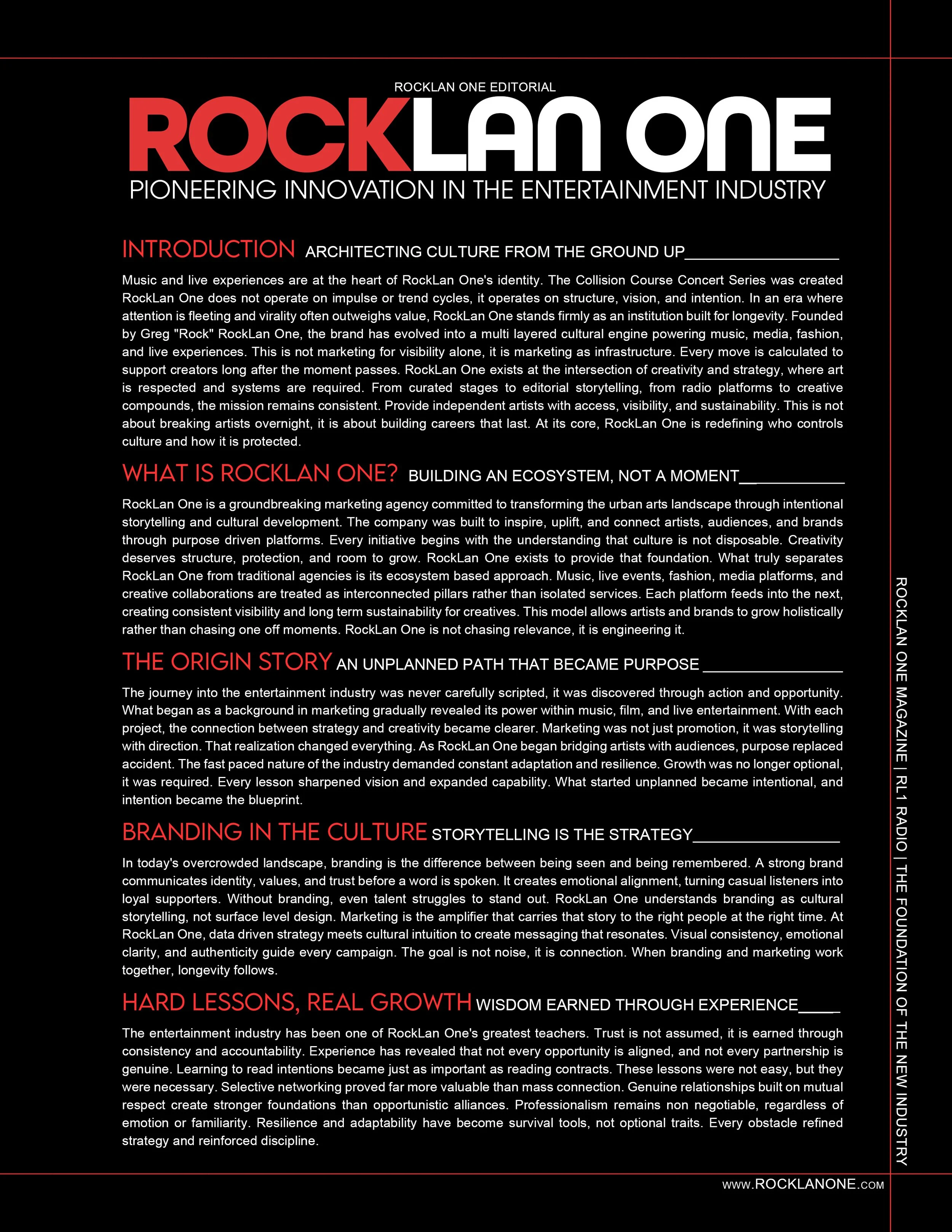 Page from RockLan One magazine with articles on pioneering innovation in the entertainment industry, branding, growth, hard lessons, and resilience, featuring titles in red and black text on a black background.