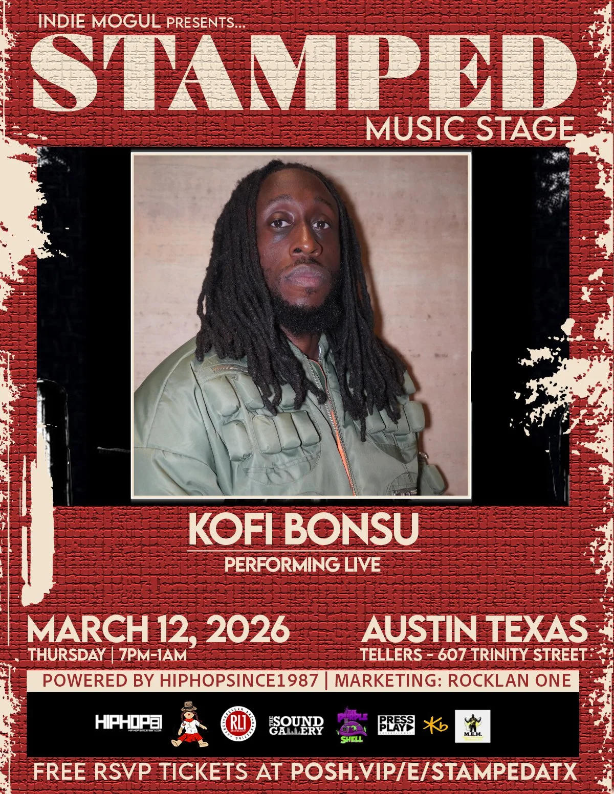Concert poster featuring urban music artist Clay James & Friends, scheduled for 7 PM on March 12, 2026, at The Tellers in Austin, Texas. The poster includes a photo of Clay James wearing sunglasses and a cap, with bold text and event details.
