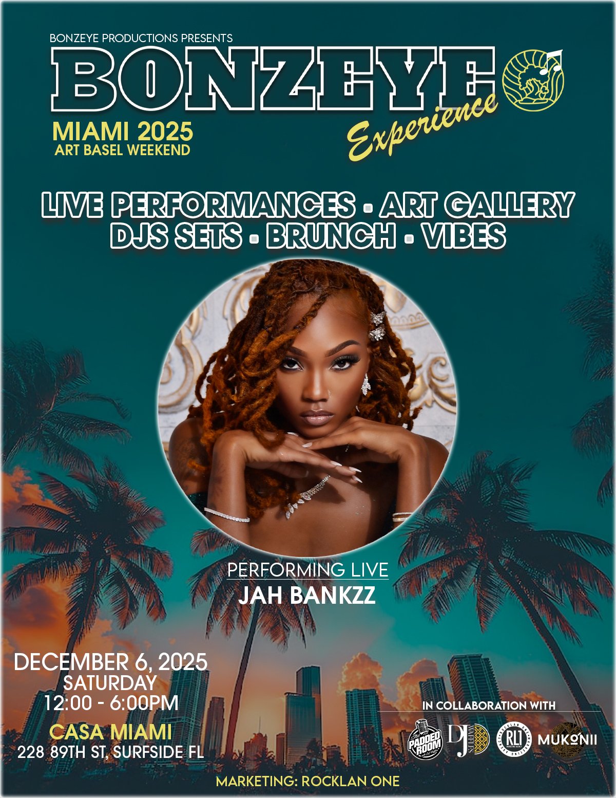 Event flyer for the Bonzeye Experience in Miami 2025, featuring live performance by Jah Bankz on December 6th from 12 PM to 6 PM at Casa Miami, with arts, music, and brunch. The flyer shows palm trees and Miami skyline at sunset.