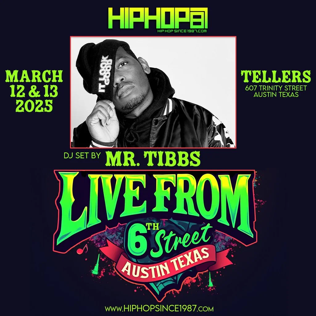 Event poster for a hip hop concert featuring Mr. Tibbs at Tellars, 607 Trinity Street, Austin, Texas, on March 12 and 13, 2025. The poster has a black background with neon green and pink text, a black and white photo of Mr. Tibbs, and the event details.