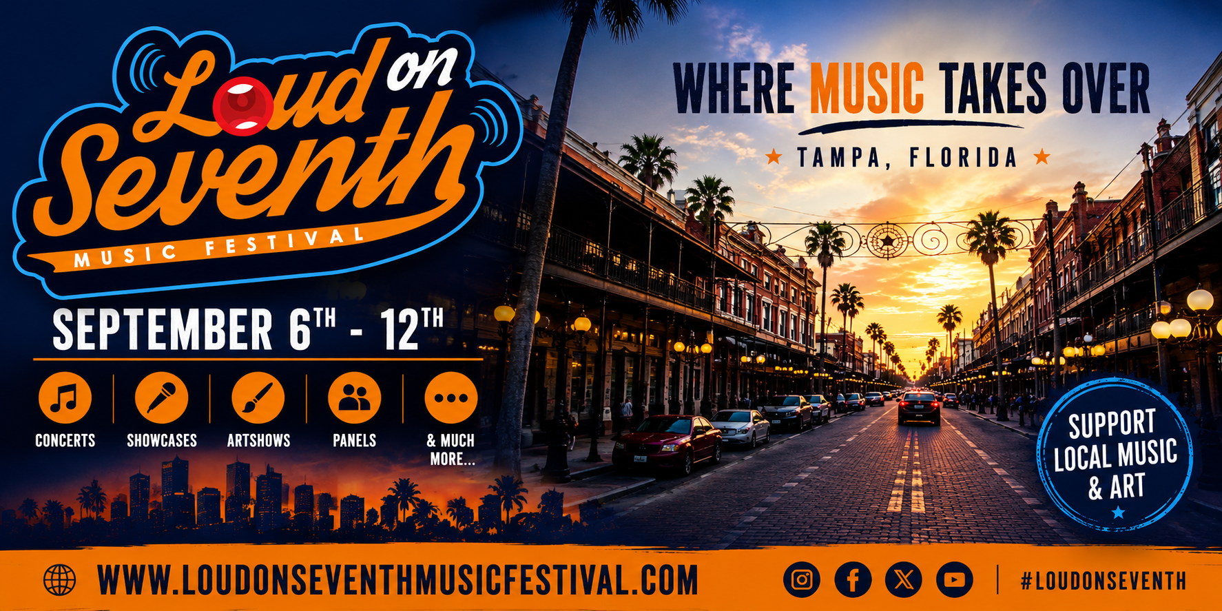Poster for Loud on Seventh Music Festival happening in Tampa, Florida from September 6th to 12th, featuring concerts, showcases, art shows, panels, and supporting local music and art, with a street scene of a sunset view with palm trees, buildings, and parked cars.