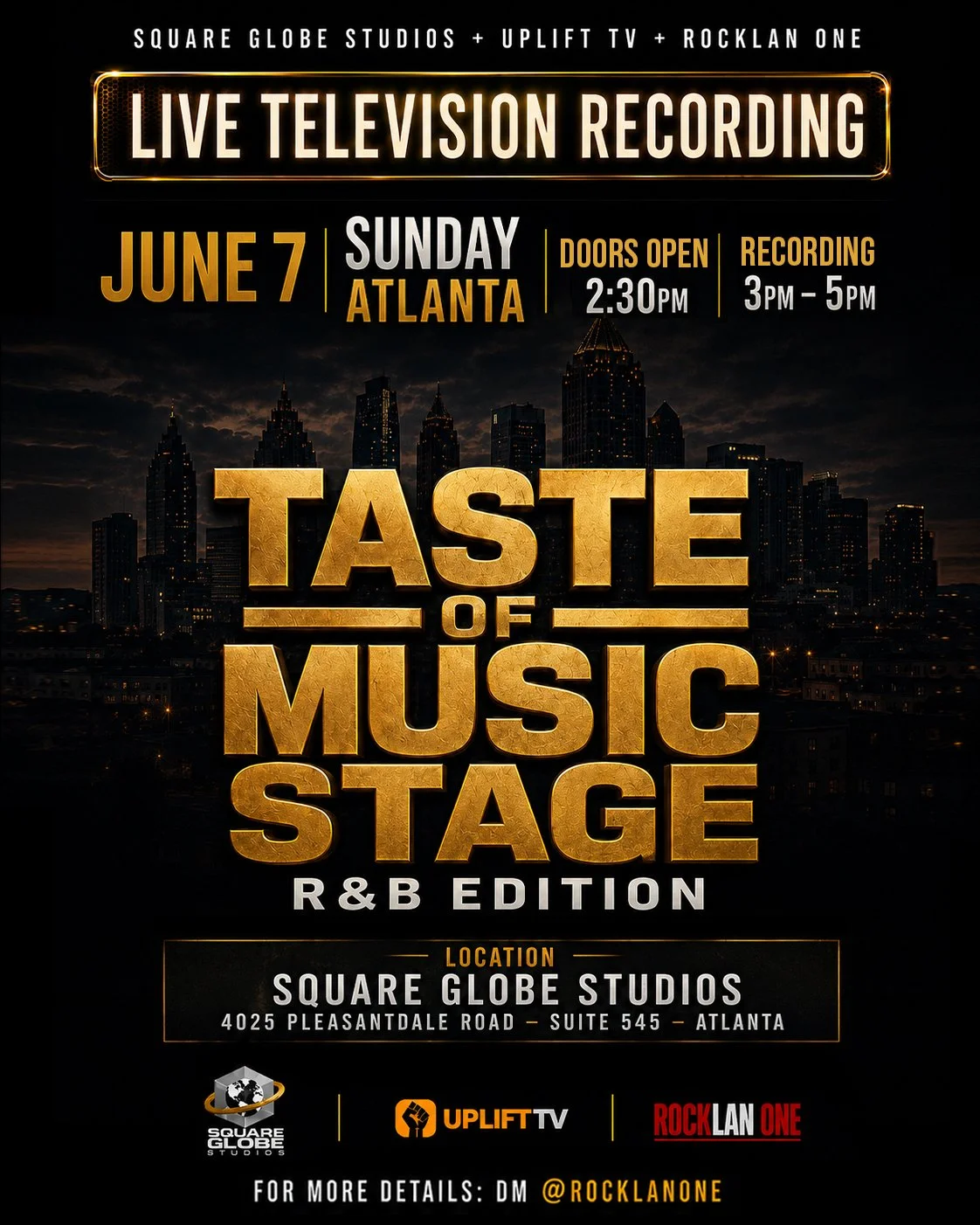 Event poster advertising a live television recording of the 'Taste of Music Stage' R&B edition in Atlanta on June 7 at Square Globe Studios. Doors open at 2:30 PM, recording from 3 to 5 PM, located at 4025 Pleasantdale Road, Suite 545.
