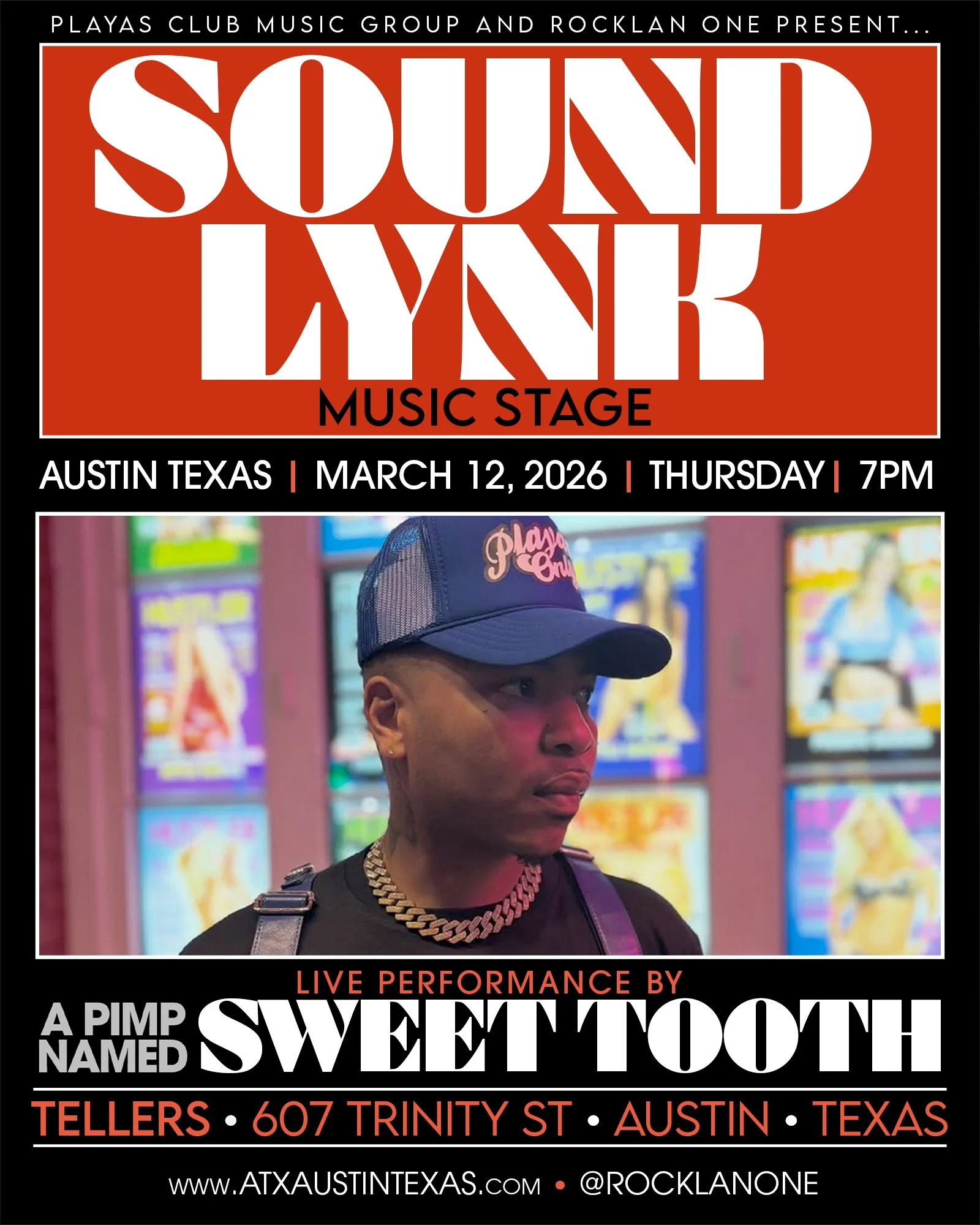 Event poster for a music concert featuring Clay James and friends, scheduled for March 12, 2026, at 7 PM at Telllers in Austin, Texas. The poster includes the event details and a background image of a person wearing a Playas Club hat, standing near colorful signs.
