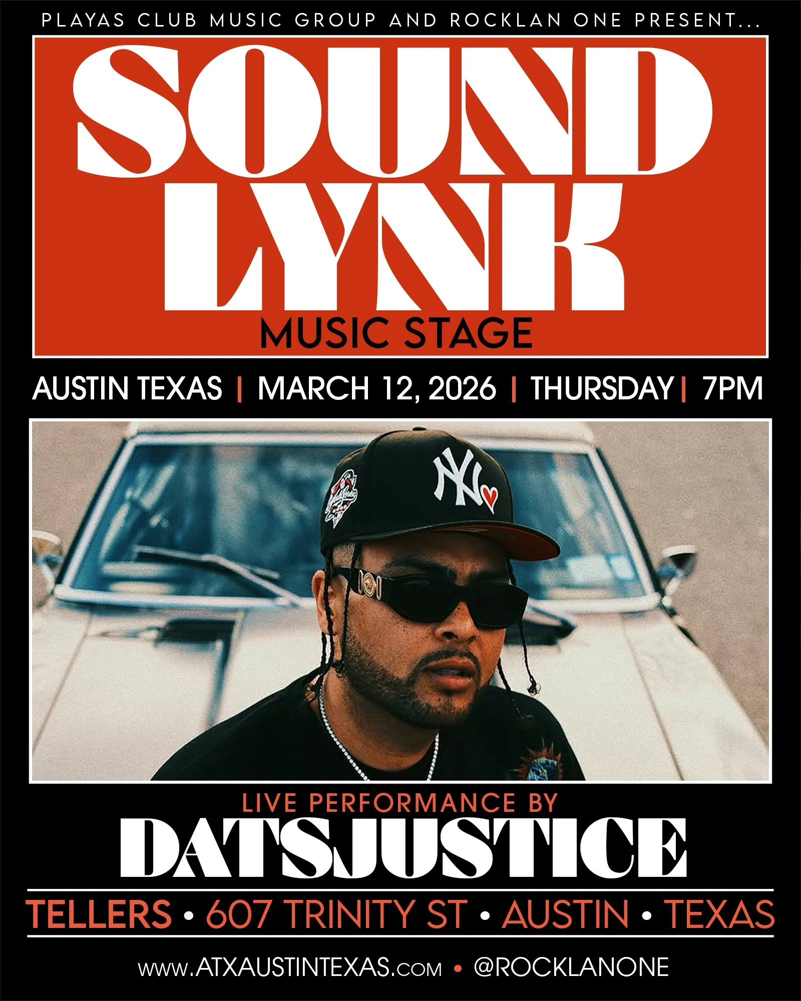 Concert poster featuring urban music artist Clay James & Friends, scheduled for 7 PM on March 12, 2026, at The Tellers in Austin, Texas. The poster includes a photo of Clay James wearing sunglasses and a cap, with bold text and event details.
