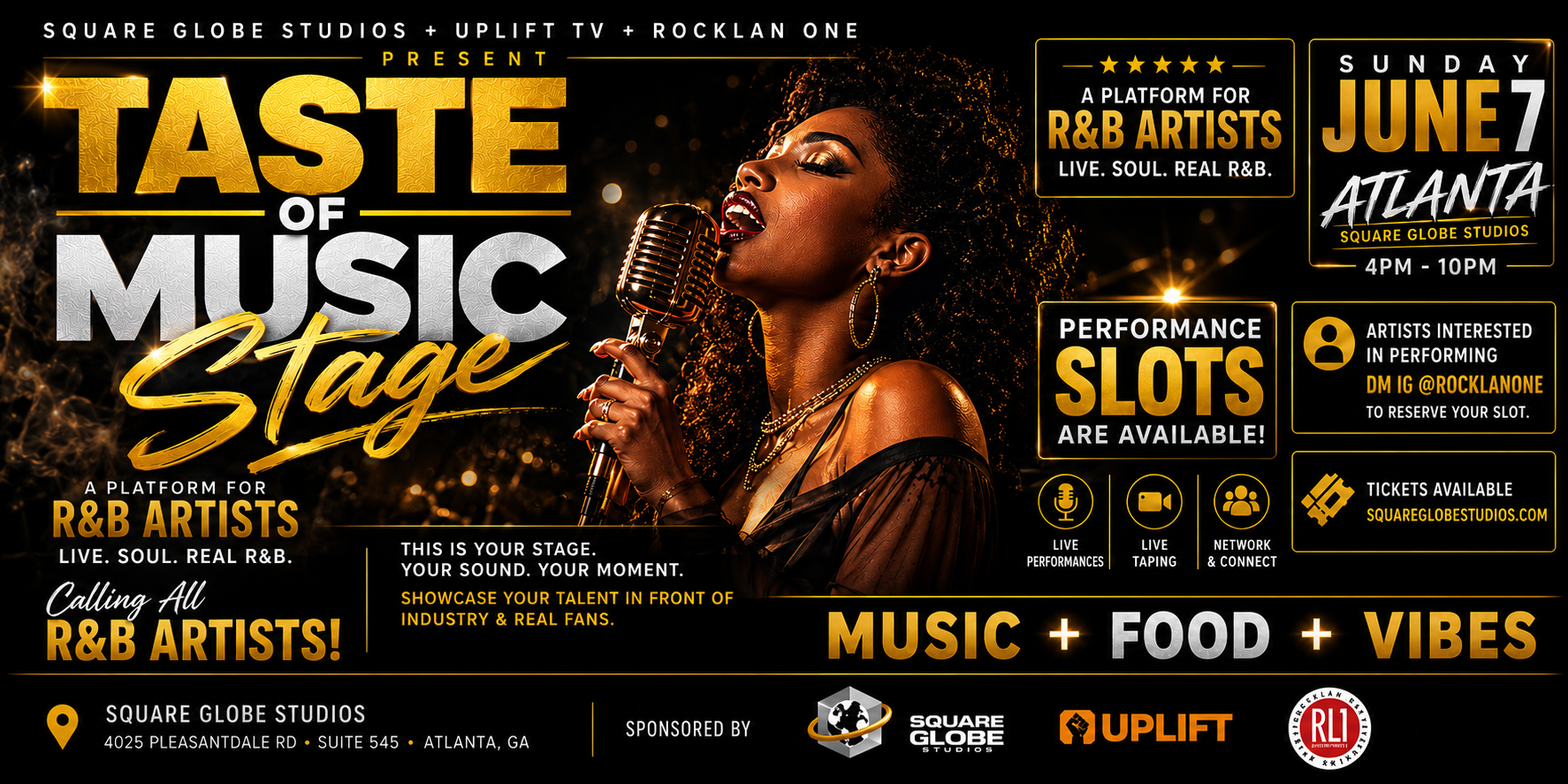 Event poster for 'Taste of Music' at Square Globe Studios, Atlanta, on June 7, from 4 PM to 10 PM. Features a singer with curly hair holding a microphone, promoting a platform for R&B artists with live performances, slots, and audience participation.