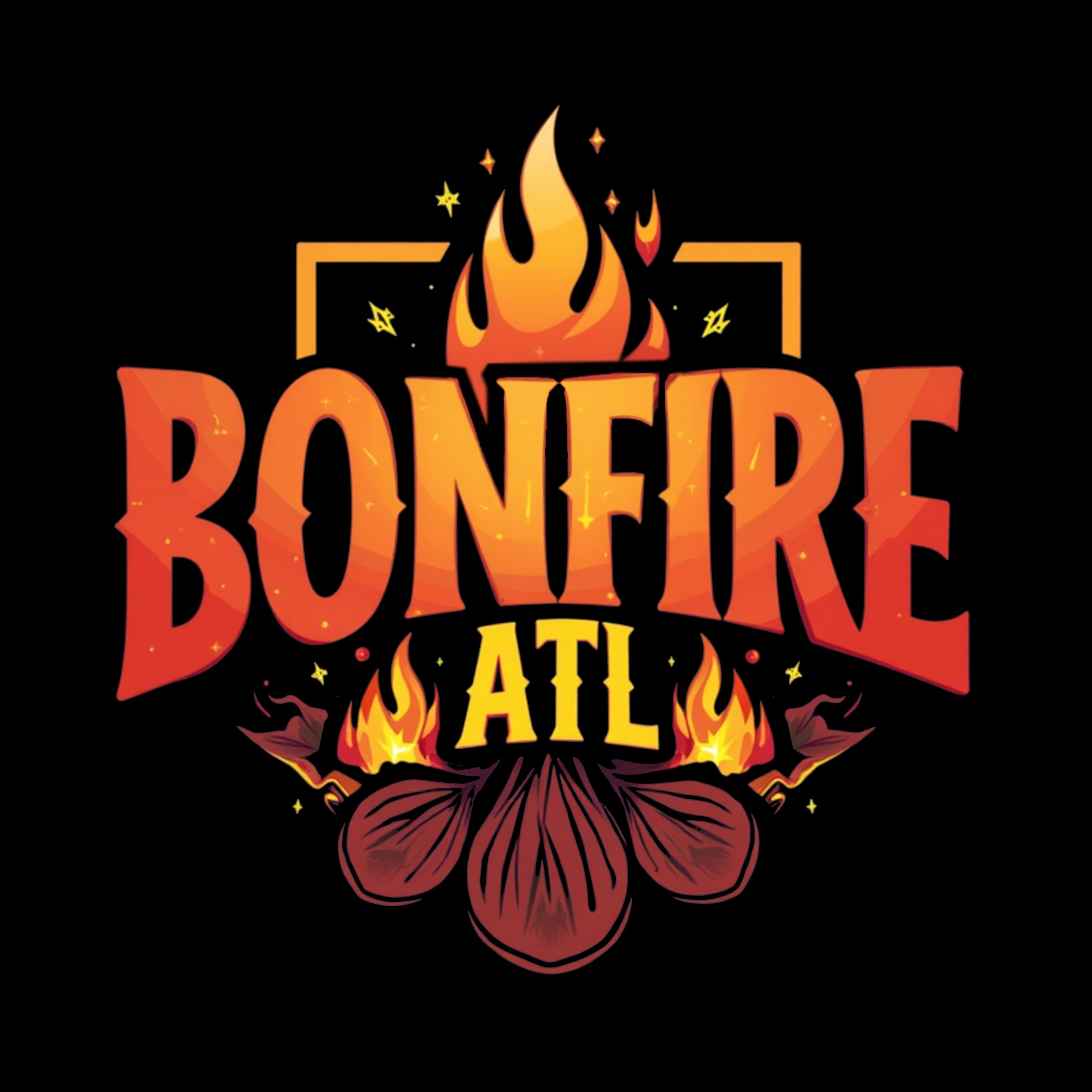 Graphic design of the words 'Bonfire ATL' with flames, fire pits, and a burning flame above on a black background.