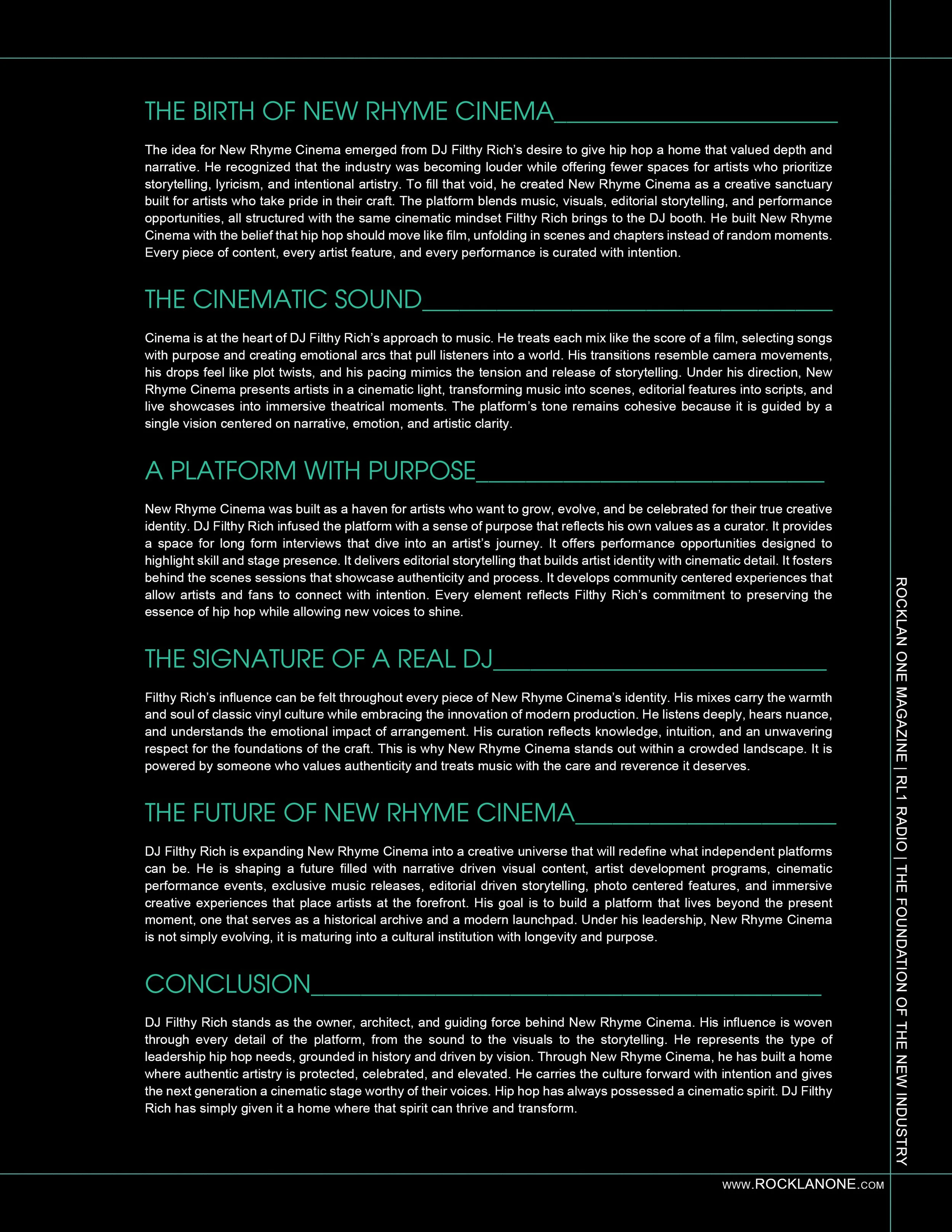 A magazine article titled 'The Birth of New Rhyme Cinema' with sections on cinematic sound, purpose, influence, future, and conclusion, printed on black background with turquoise and white text.
