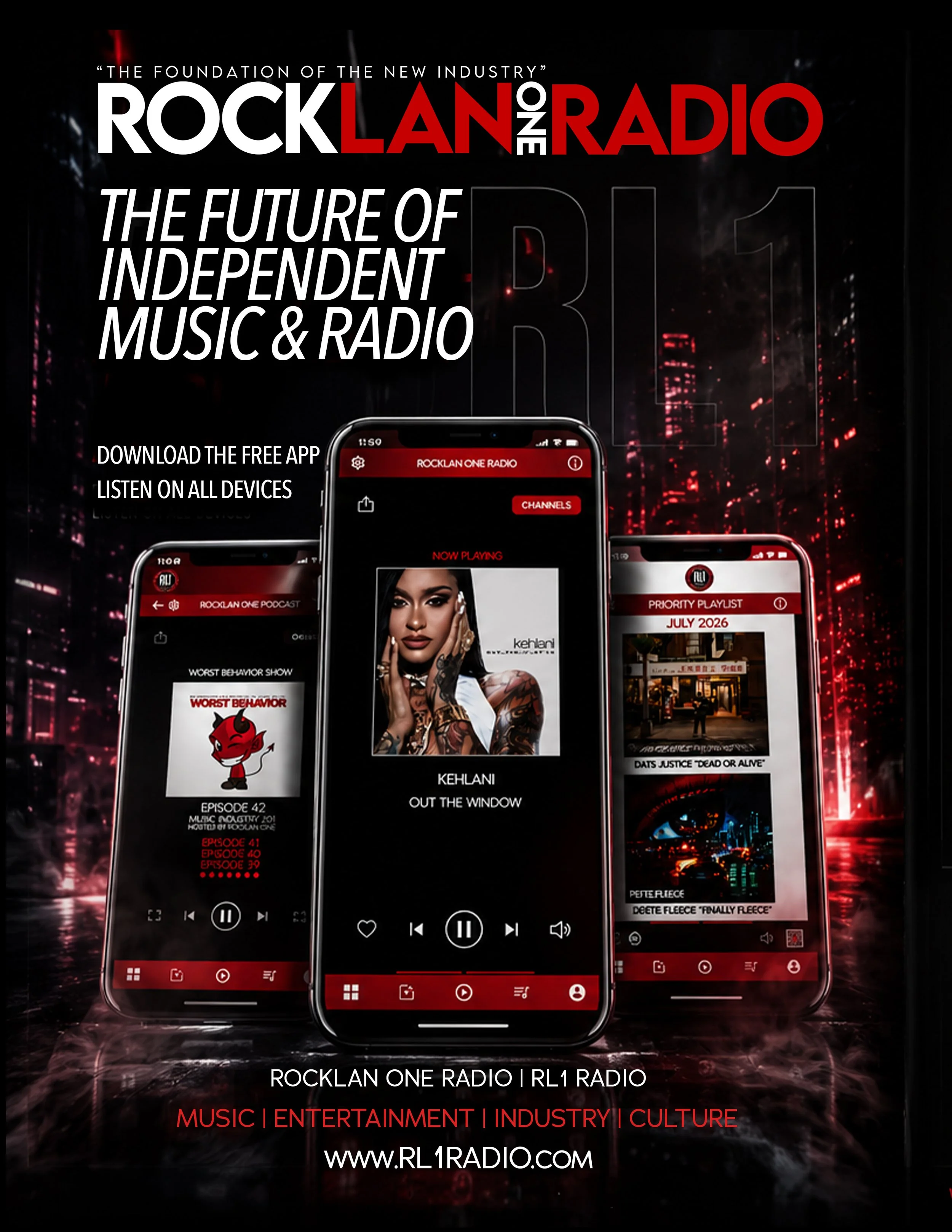 Promotional digital artwork for Rocklan One Radio and RL1 Radio featuring smartphones displaying the radio station's app interface, with urban cityscape and neon lights in the background. Text highlights independent music and radio, podcast, and entertainment genres, and encourages downloading the app from RL1Radio.com.