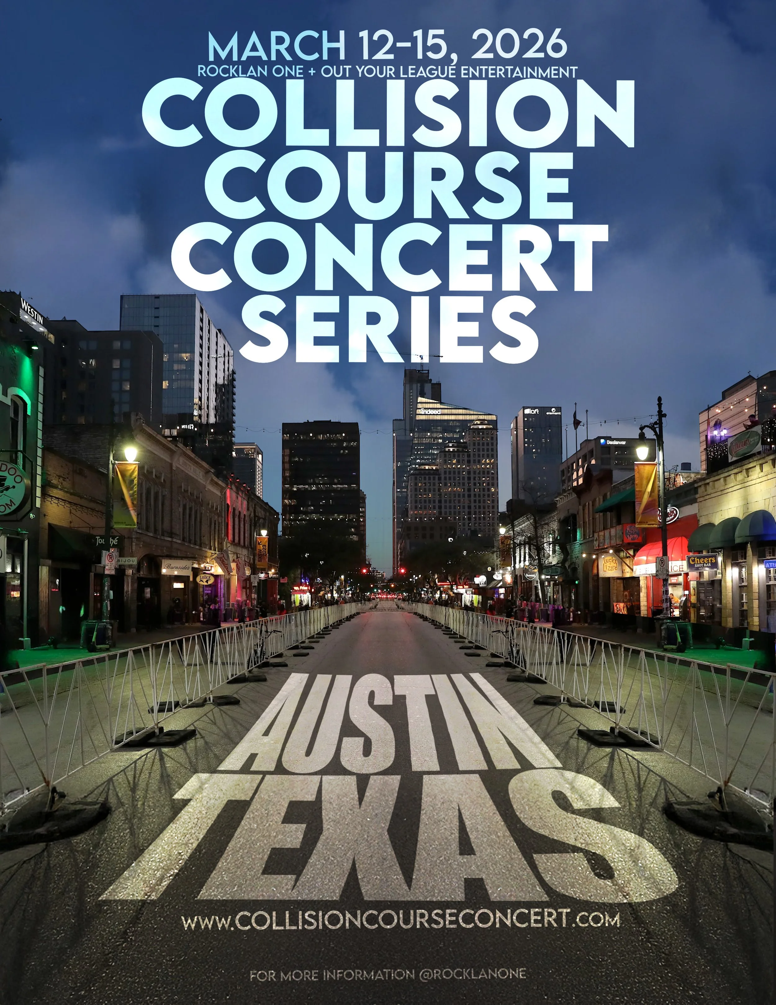 Nighttime city skyline of Austin, Texas, featuring lit-up skyscrapers reflecting on the water. Overlaid text announces the Austin Collision Course Concert Series during SXSW 2026 weekend, with details about date, location, and themes like music, industry, networking, and vibes.