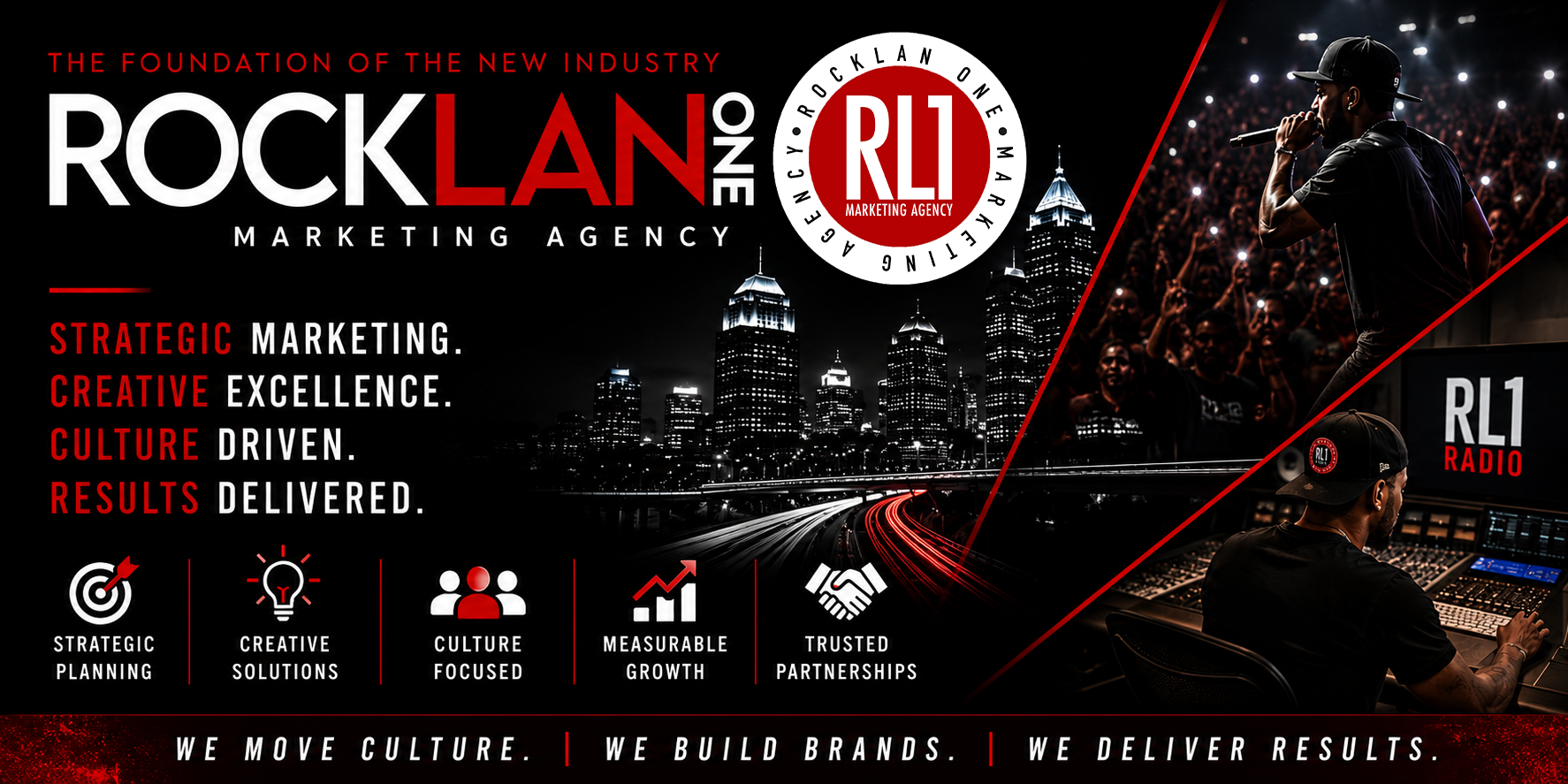 A promotional image for RockLan One Marketing Agency featuring a city skyline at night, a man performing on stage, and a person working at a mixing console with RL1 Radio branding, emphasizing marketing, creativity, culture, and results.
