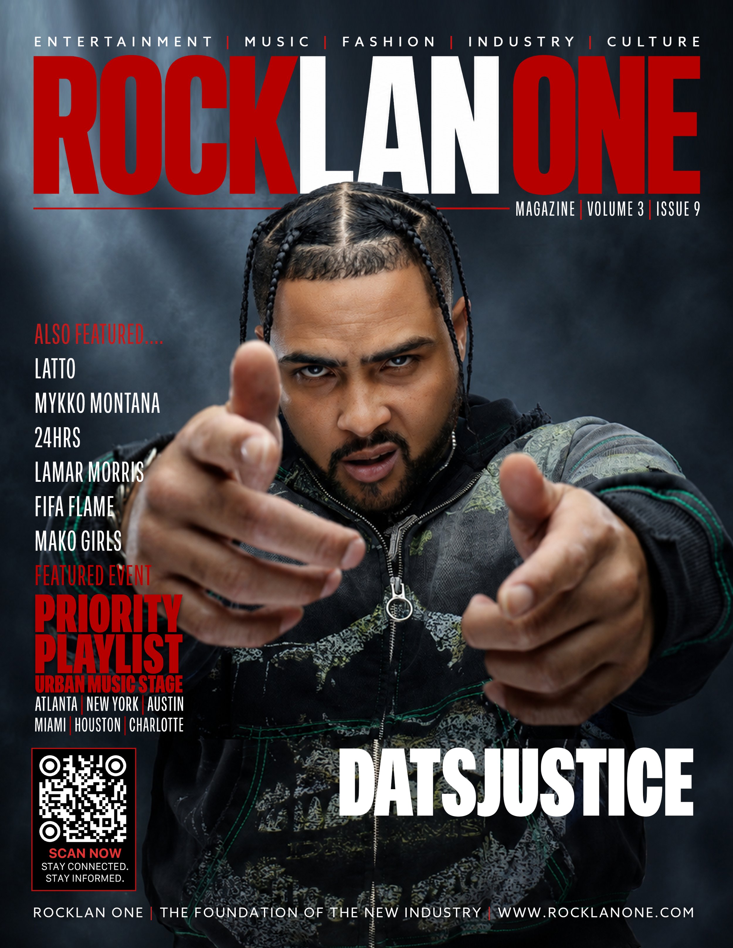 Magazine cover titled "Rock Lan One," featuring three women dressed in based on school uniforms with a modern, edgy style, standing against a blue-lit background. The cover highlights themes of entertainment, music, fashion, industry, and culture.