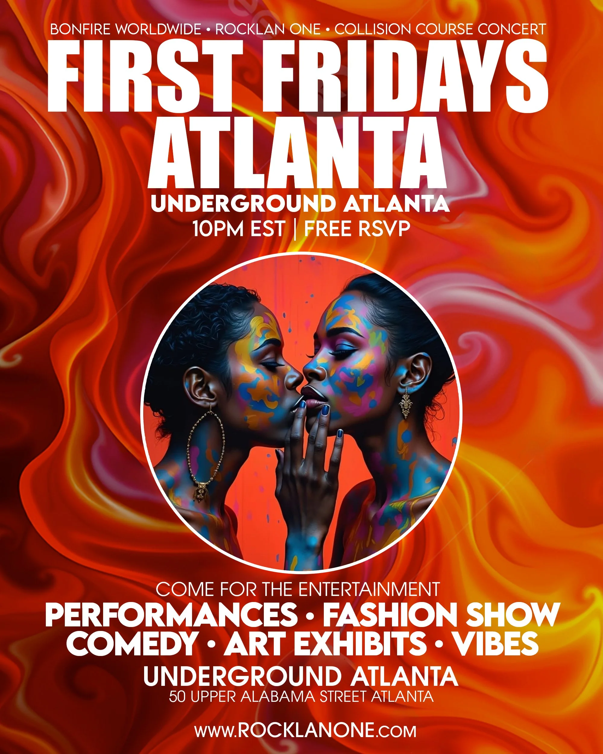 Event poster for First Fridays Atlanta held on February 6, featuring performances, fashion show, comedy, art exhibits, and vibes at Underground Atlanta. The poster includes an artistic image of two women with colorful body paint.