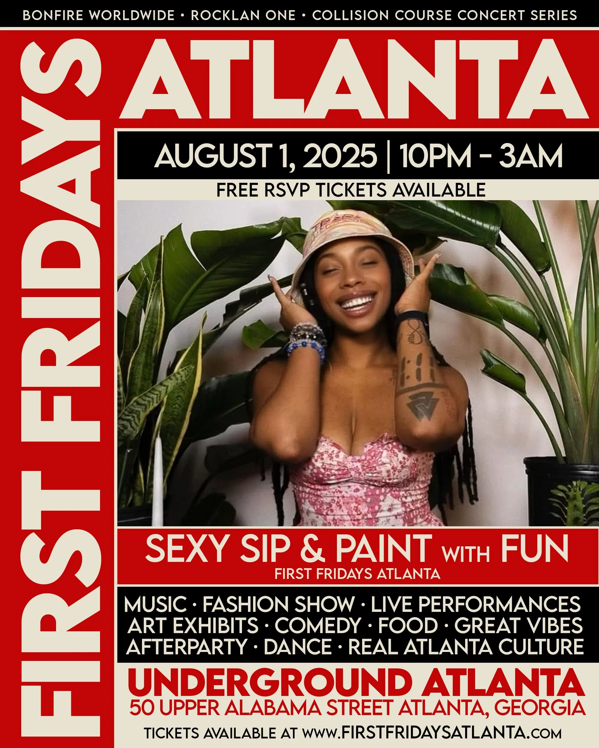 Event poster for First Fridays Atlanta featuring a smiling woman wearing a hat and headphones, surrounded by large green plants. The poster includes details for a party on August 1, 2025, from 10 PM to 3 AM, with free RSVP tickets available, and high