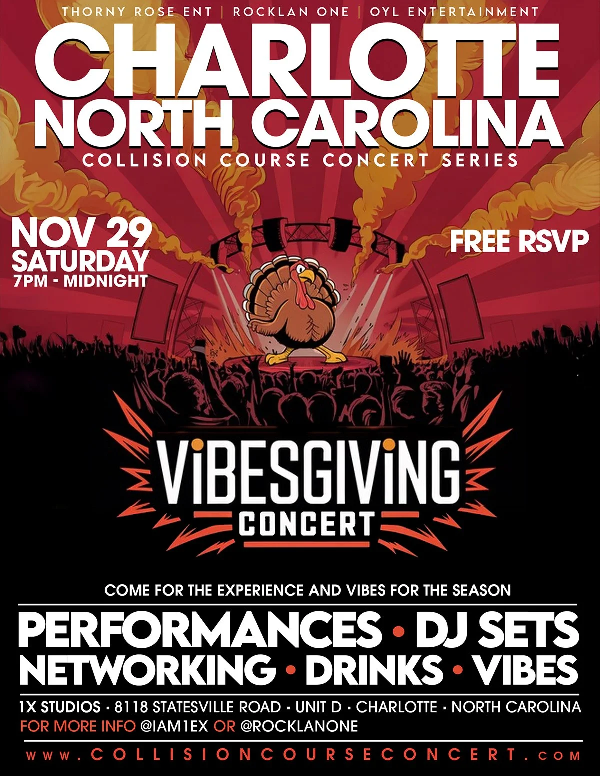 Event poster for the Vibesgiving Concert featuring Charlotte, North Carolina, on November 29 from 7 PM to midnight. Includes details about performances, DJ sets, networking, drinks, and vibes, taking place at 8118 Statesville Road, Charlotte. Free RSVP required.