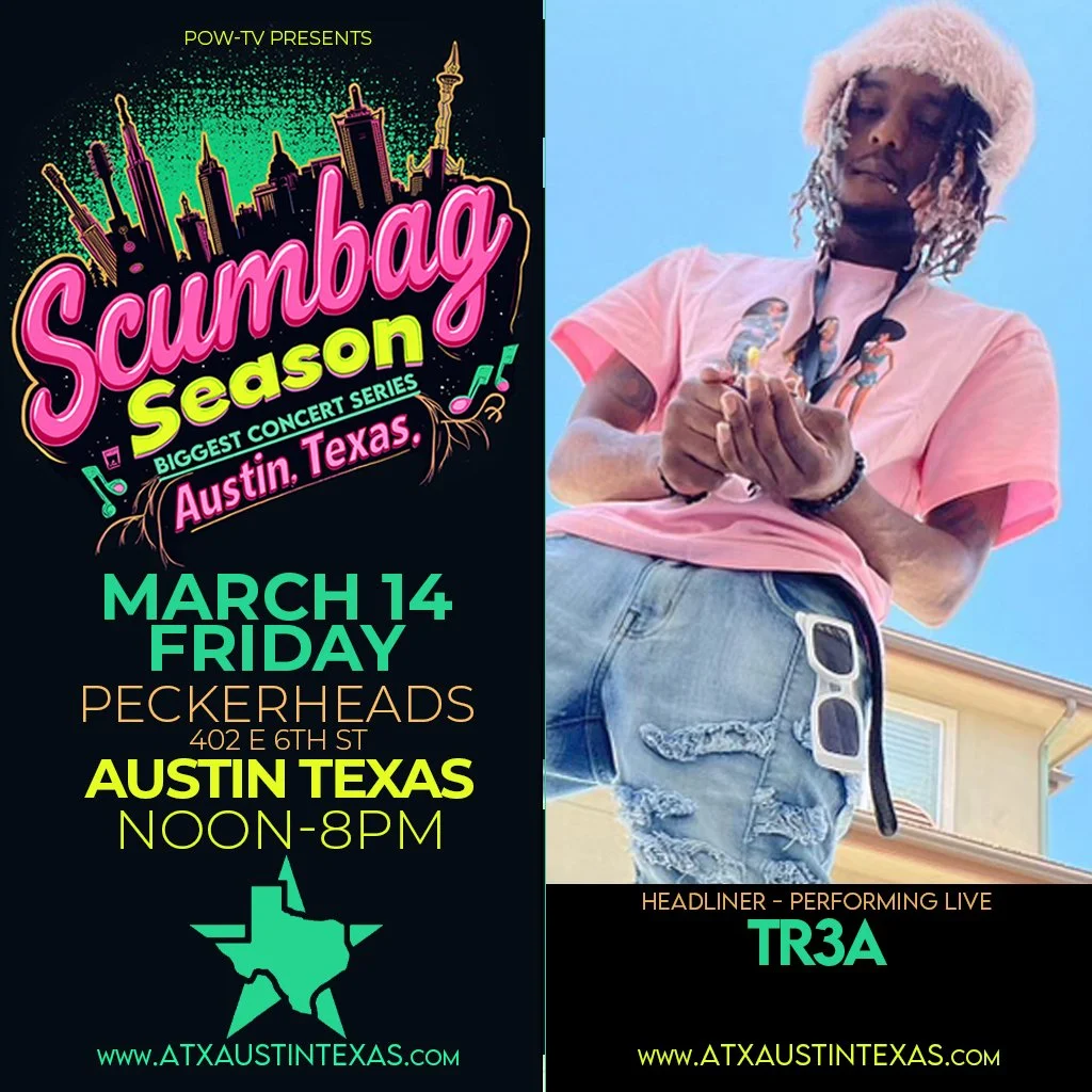 Event poster for Scumbag Season concert series in Austin, Texas with a black background on the left side featuring a colorful city skyline and text, and a photograph on the right side of a person wearing a pink shirt, distressed jeans, sunglasses, an
