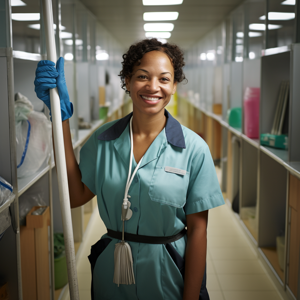 A smiling female custodian or janitor wearing a light blue uniform and gloves, holding a mop handle in a clean, organized hallway with shelves and storage bins.
