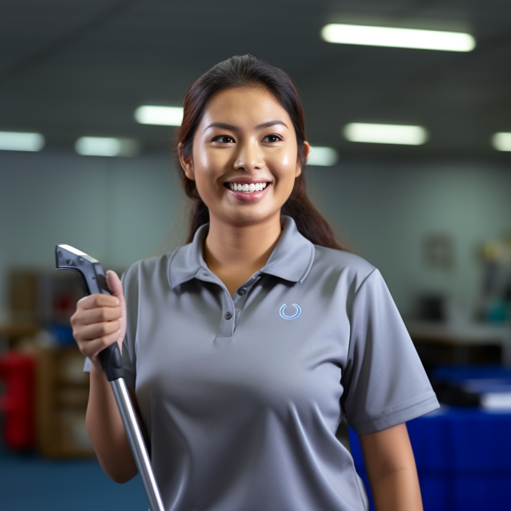 A young woman in a gray polo shirt, smiling, holding a cleaning tool in a commercial cleaning setting.
