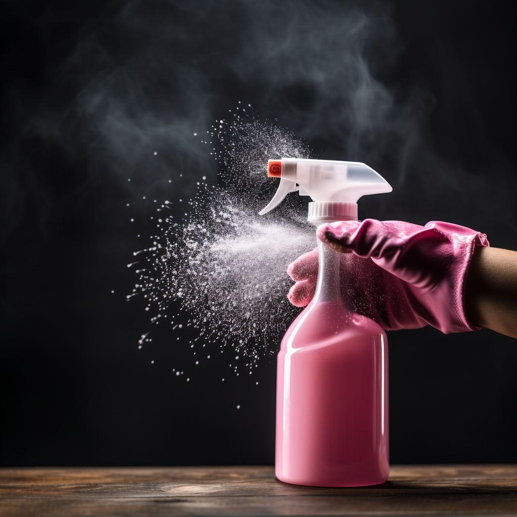 A person wearing pink gloves is spraying a pink cleaning solution from a spray bottle, causing the liquid and some spray particles to disperse into the air against a dark background.