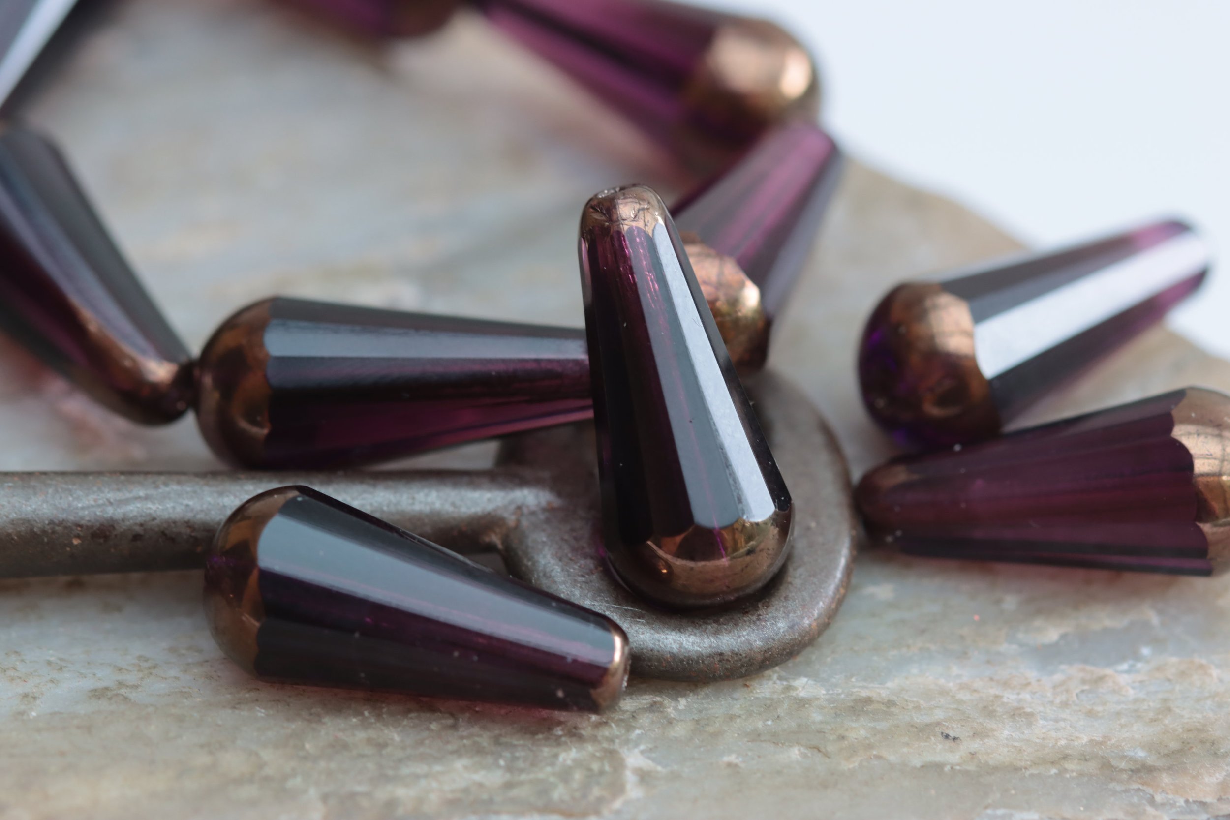 Purple Bronze Faceted Drop Czech Glass Beads 20x9mm