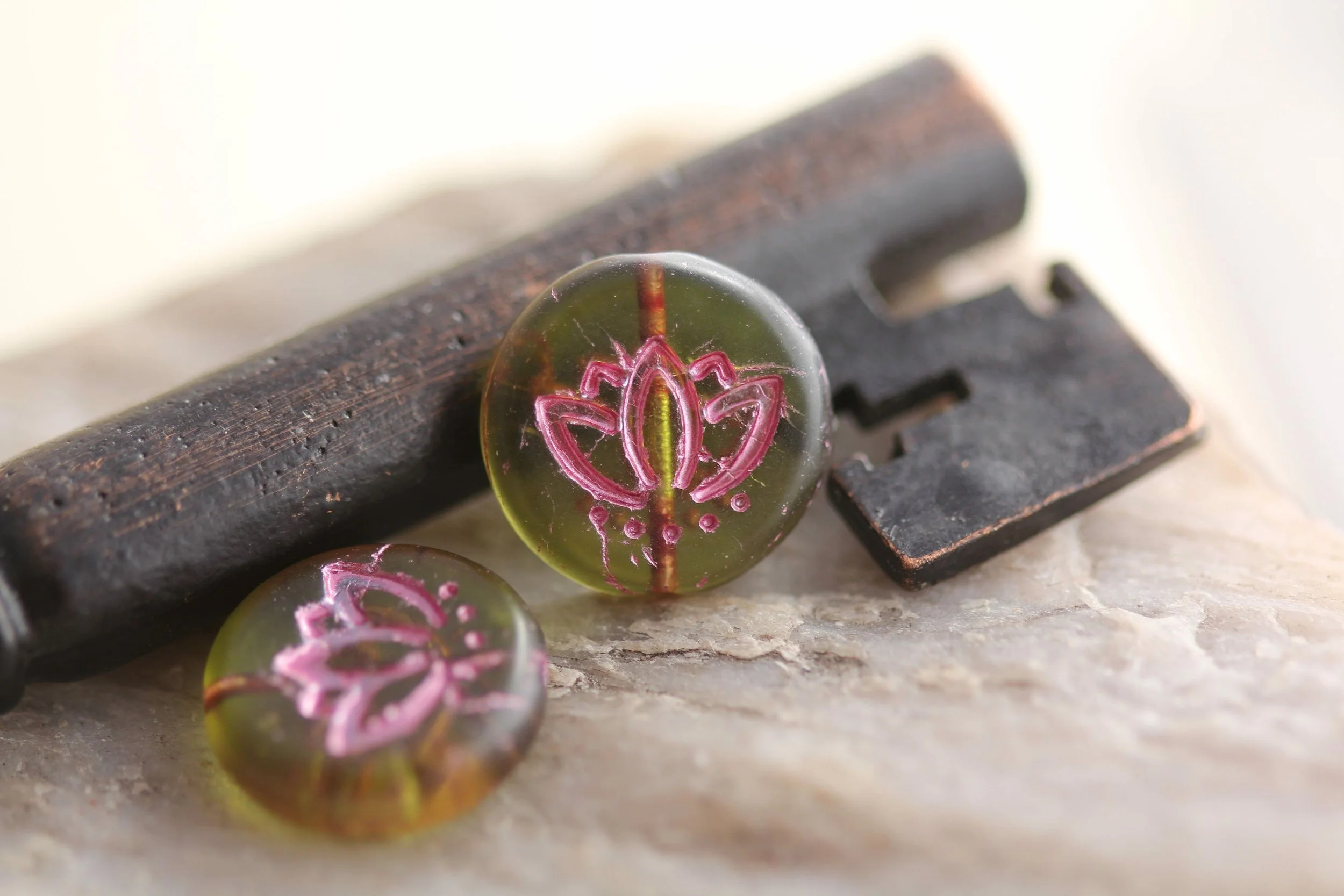 Matte Leafy Green with Pink Czech Glass Lotus Coin Beads 14mm