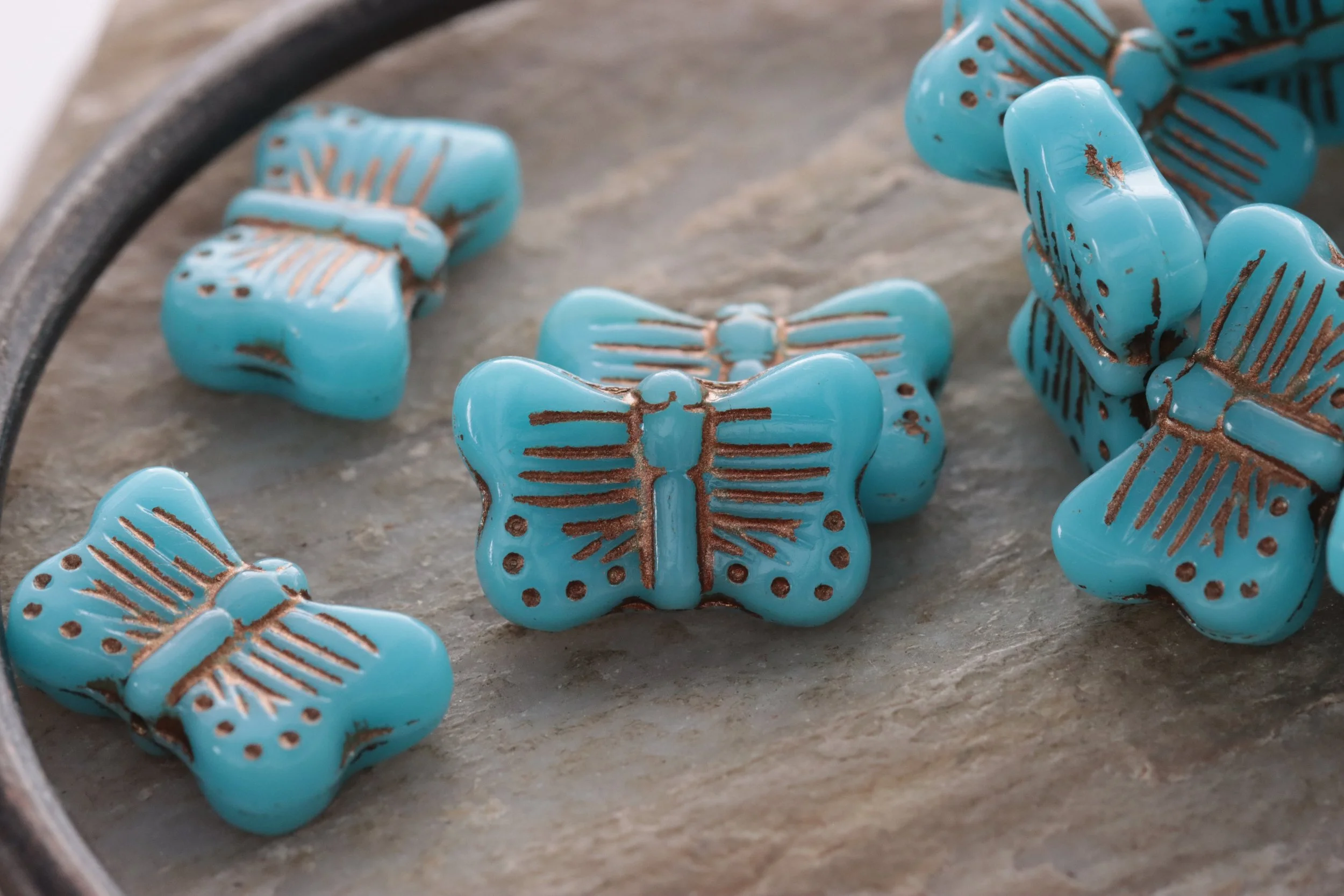 Sky Blue Bronze Czech Glass Butterfly Beads 16x11mm