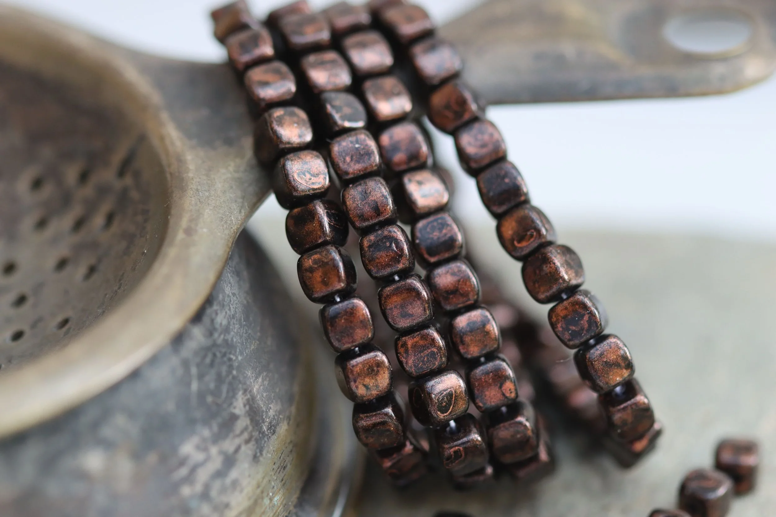 Dark Brown with Bronze Cube Czech Glass Beads 3.7mm