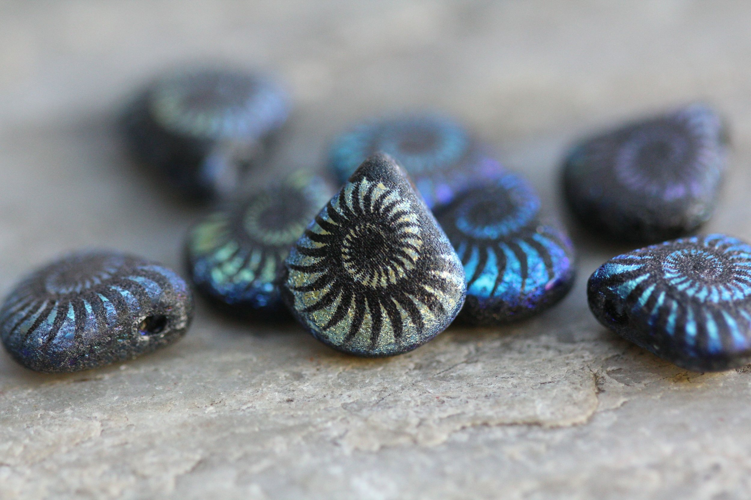 Jet Black Laser Etched Czech Glass Briolette Beads 12x11mm