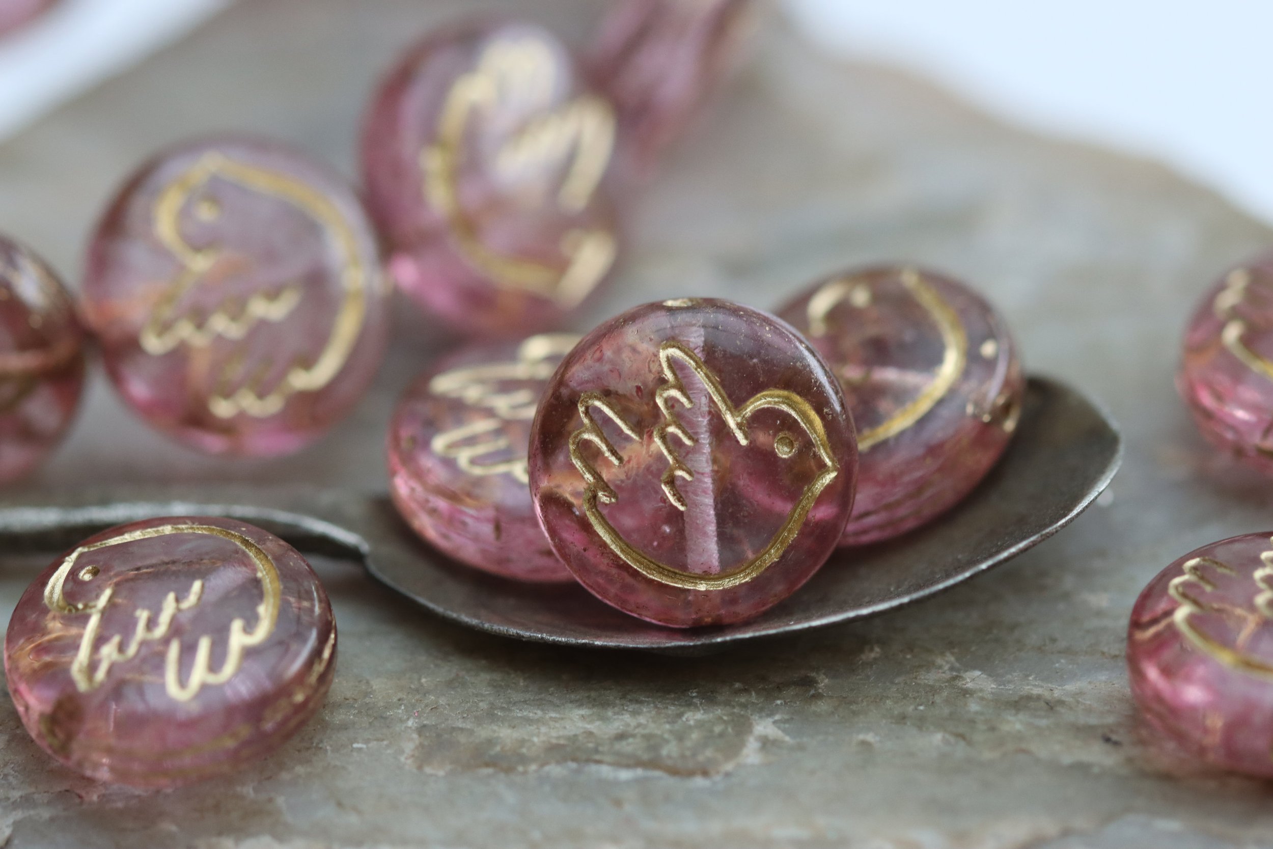 Puple Pink Czech Glass Bird Coin Beads 14mm