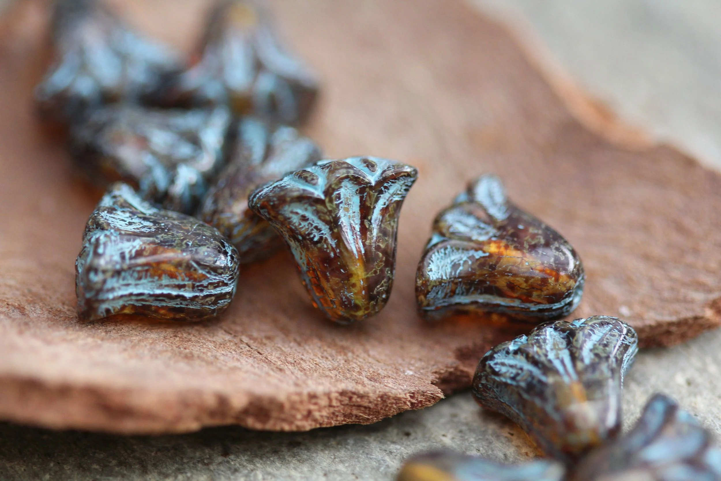 Dark Topaz Picasso Turquoise Wash Lily Czech Glass Beads 9x10mm