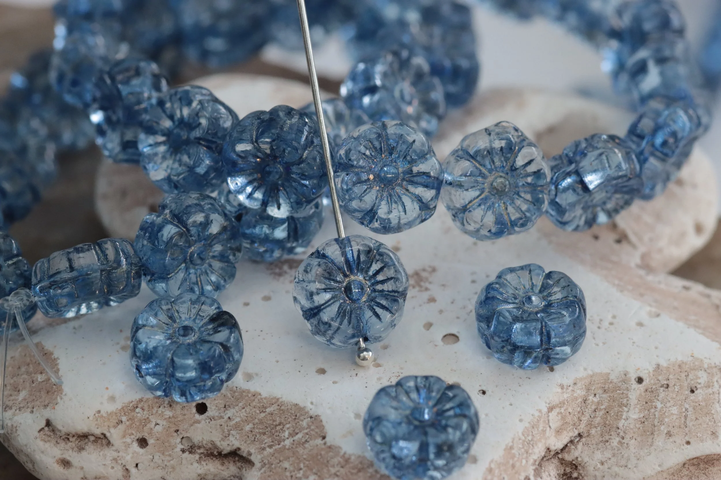 Transparent Pacific Blue with Gold Czech Glass Hawaiian Flower Beads 9mm