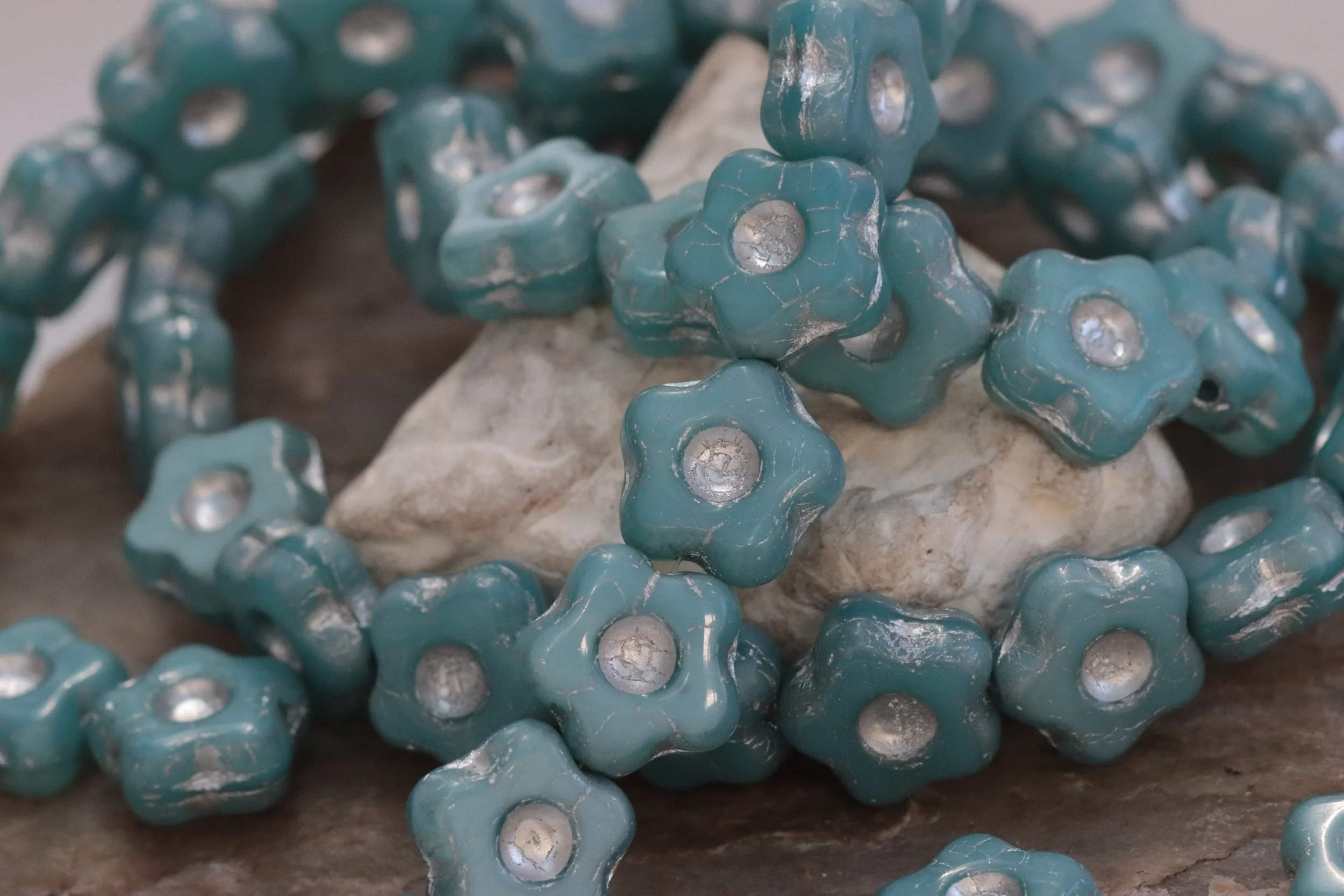 Silky Opal Blue Czech Glass Star Flower Beads 11mm