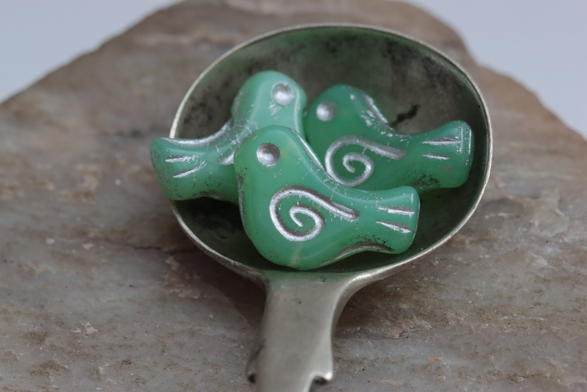 Seafoam Green with Silver Czech Glass Bird Beads 16x12mm