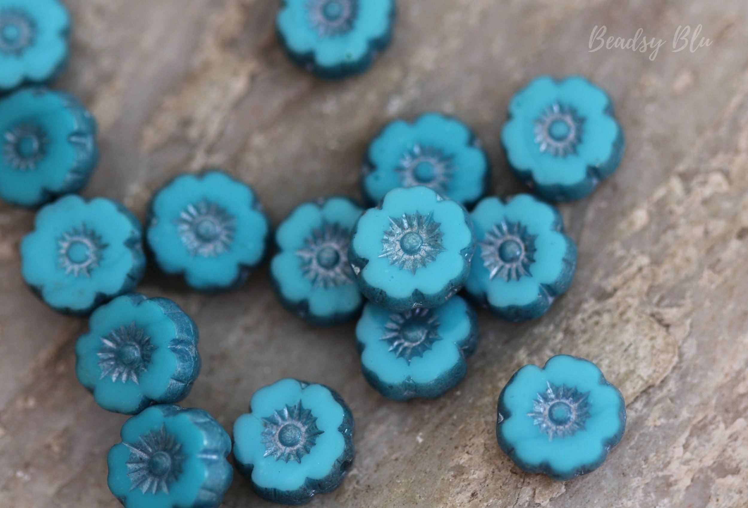 Opaque Ocean Blue Hawaiian Flower Czech Glass Beads 9mm