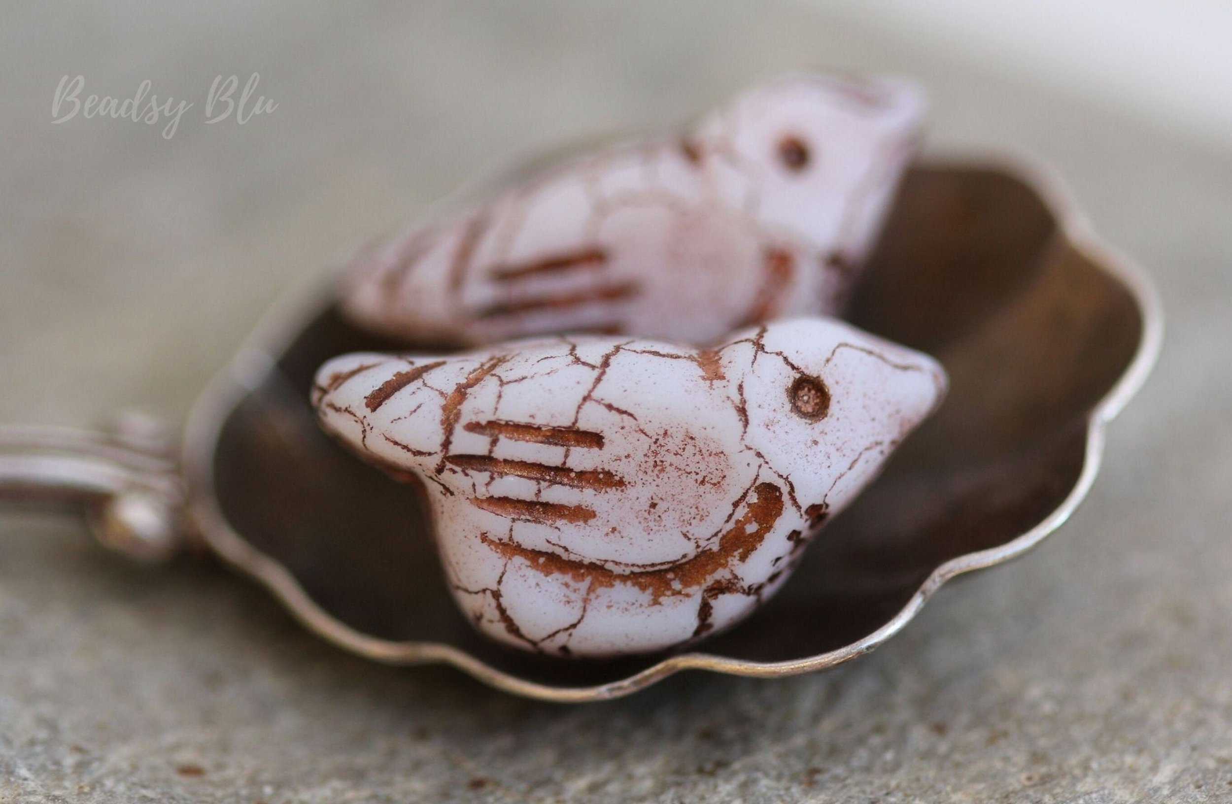 Matte White & Bronze Bird Czech Glass Beads 22x11mm
