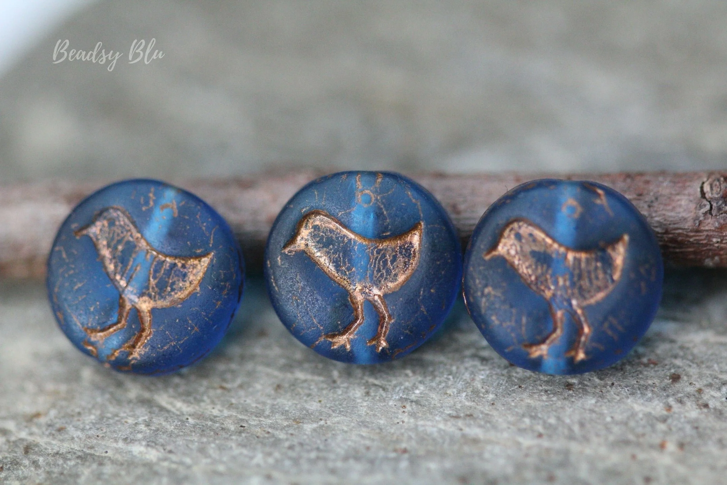 Matte Capri Blue Bird Coin Czech Glass Beads 12mm