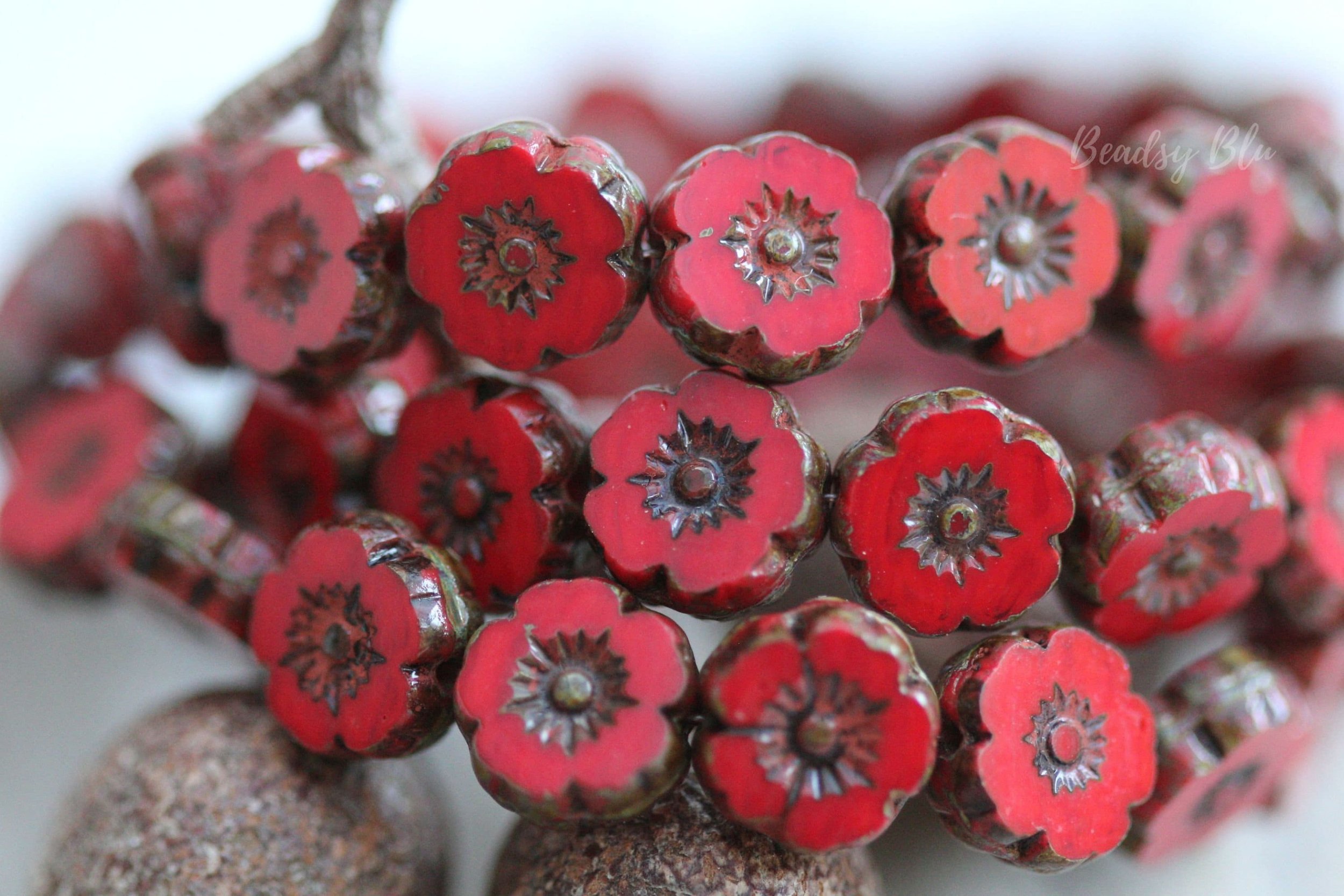 Opaque Red Picasso Hawaiian Flower Czech Glass Beads 9mm