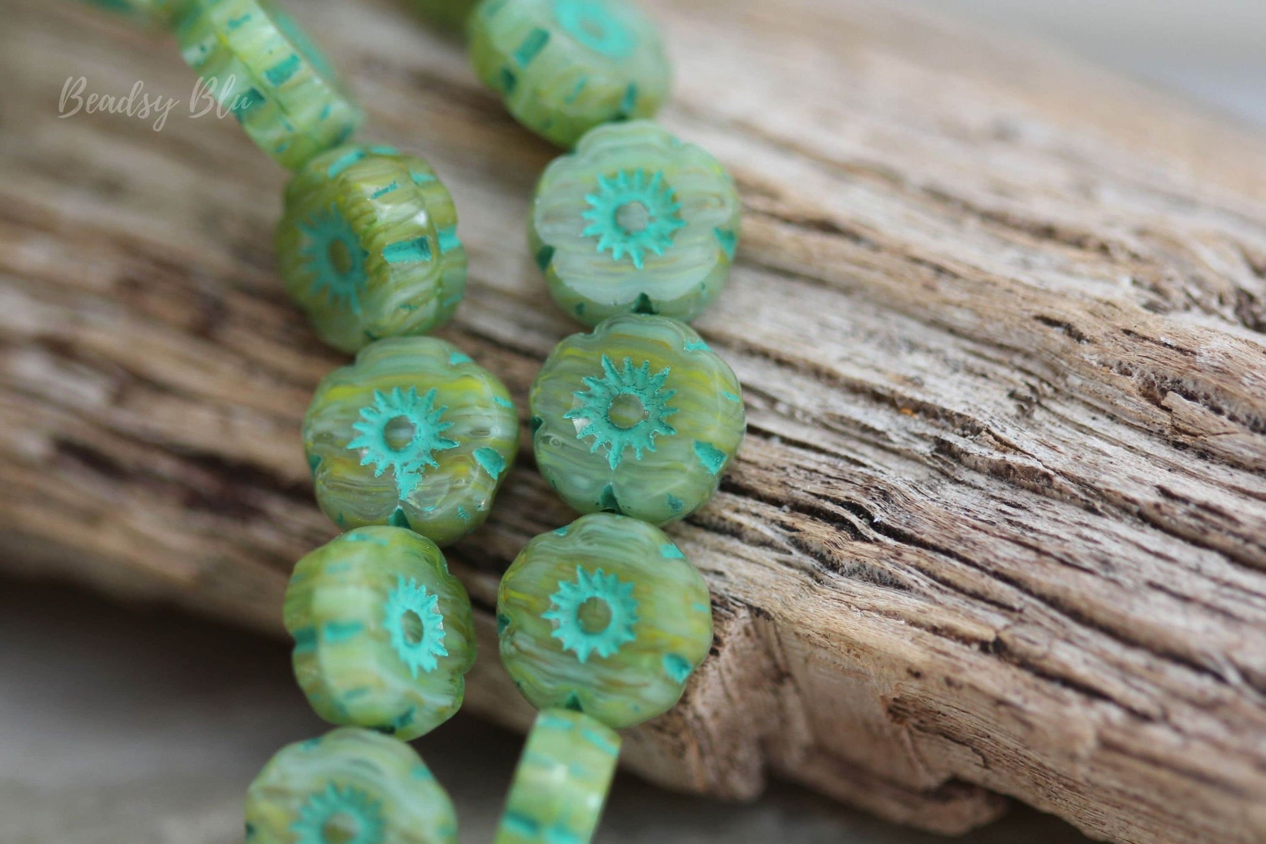 Green on Green Hawaiian Flower Czech Glass Beads 9mm