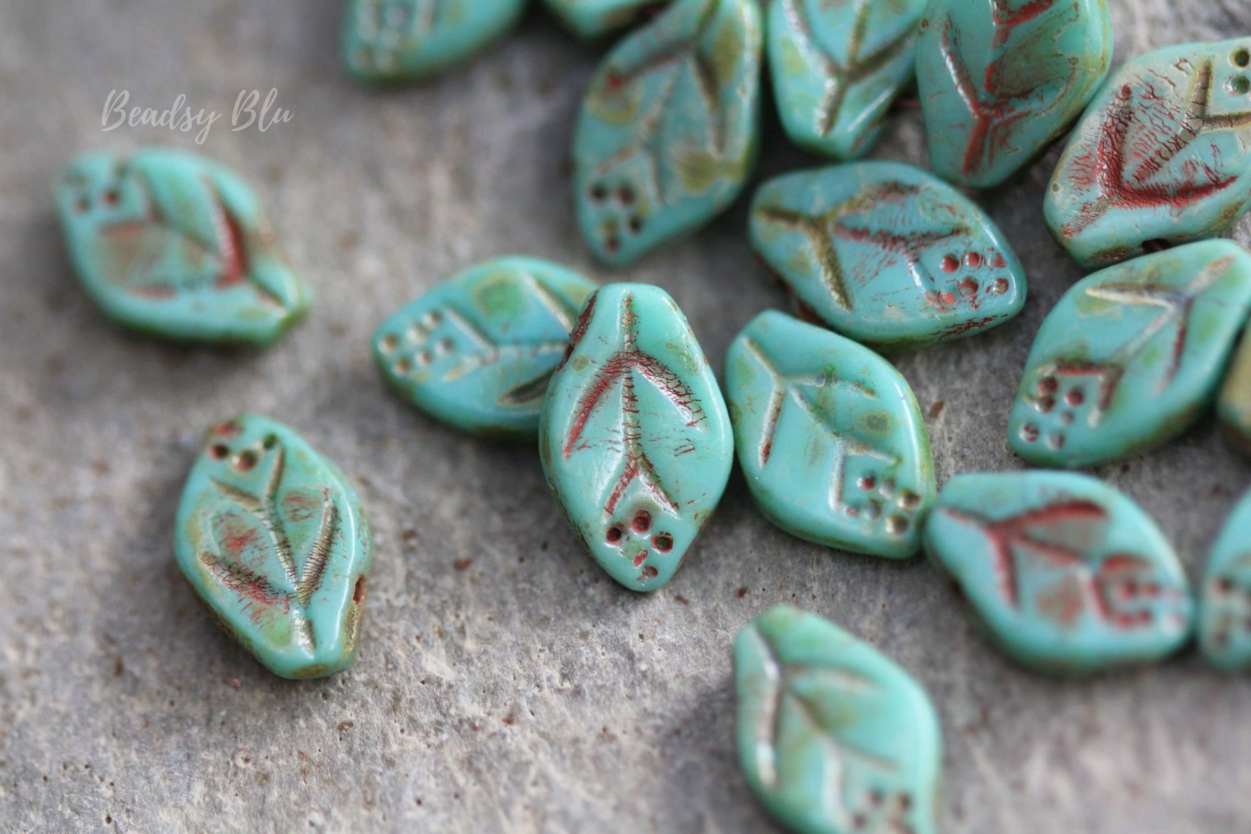 Green Turquoise Honey Picasso Leaf Czech Glass Beads 12x8mm