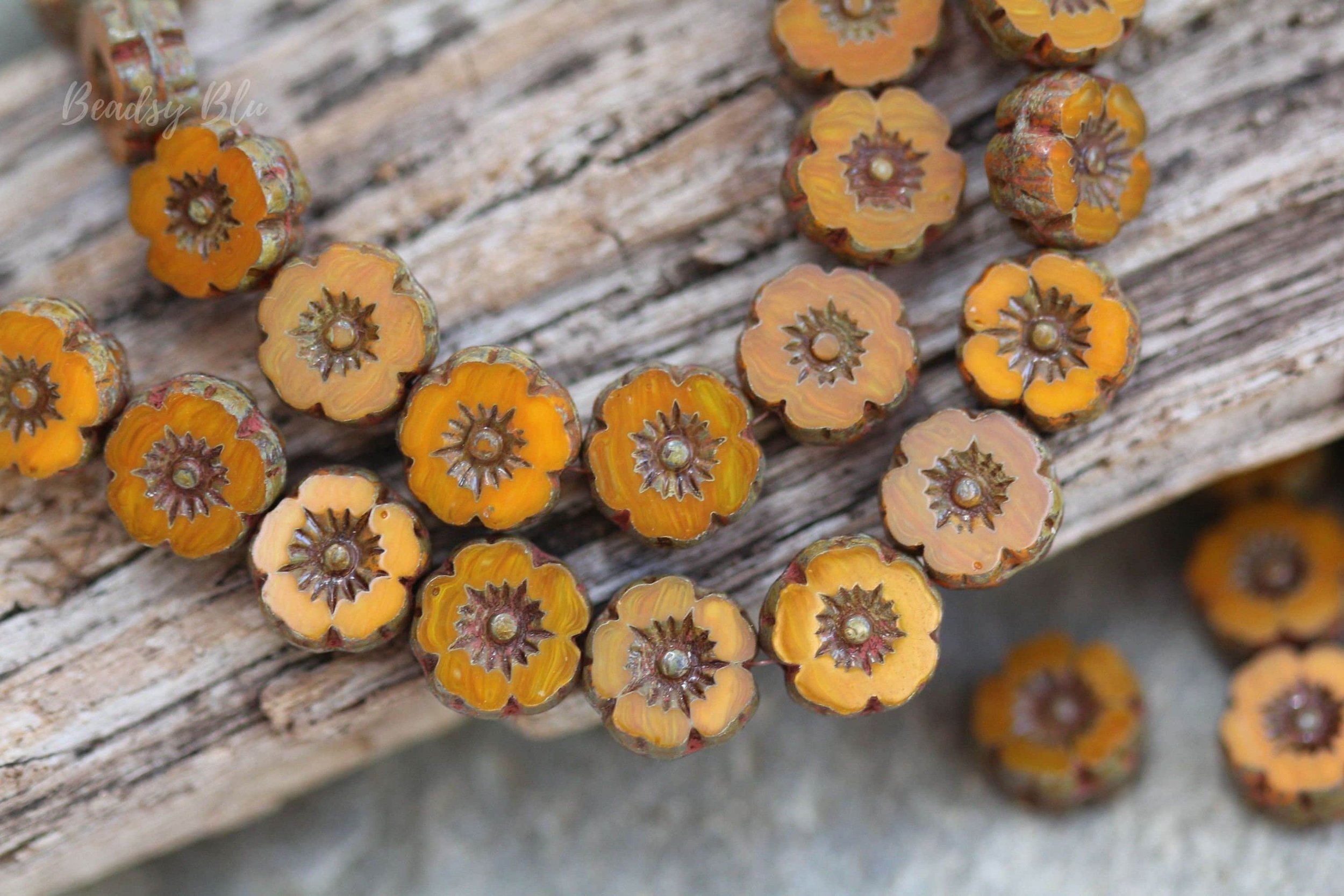 Burnt Orange Picasso Hawaiian Flower Czech Glass Beads 9mm