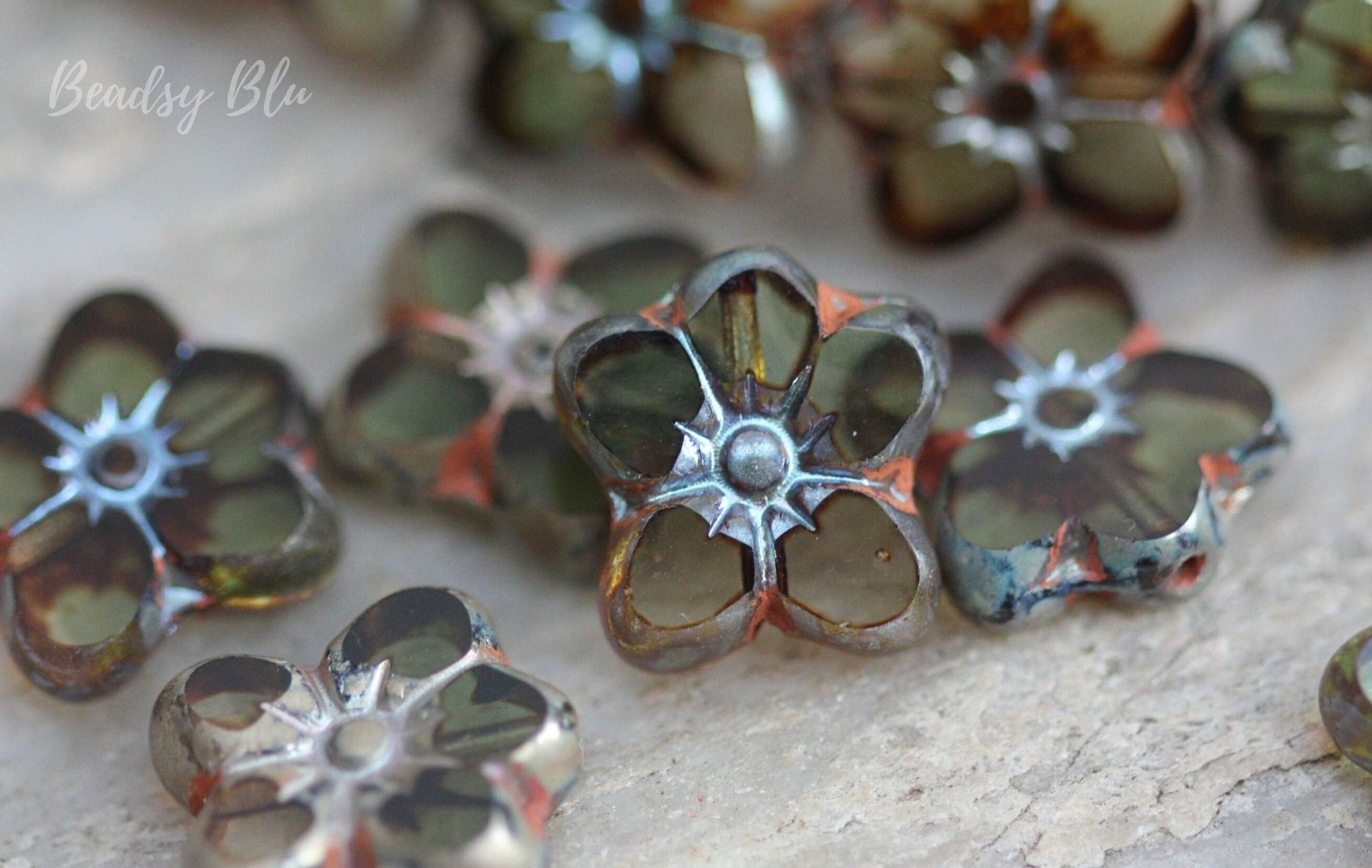Olive Green 5 Petal Flower Czech Glass Beads 14x12mm