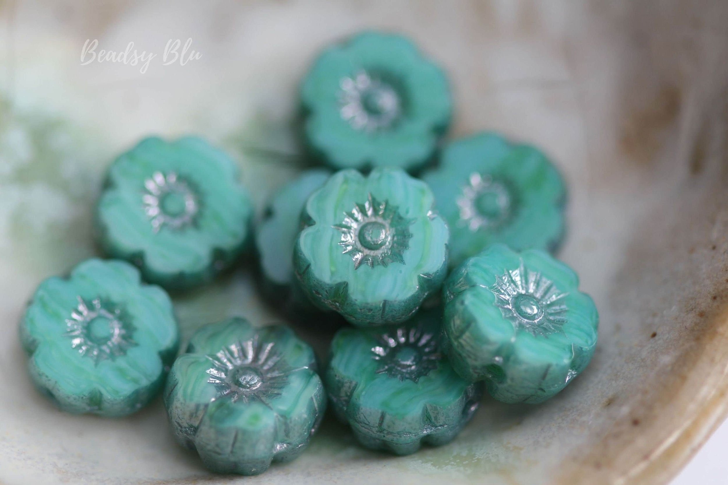 Turquoise & Green Hawaiian Flower Czech Glass Beads 9mm