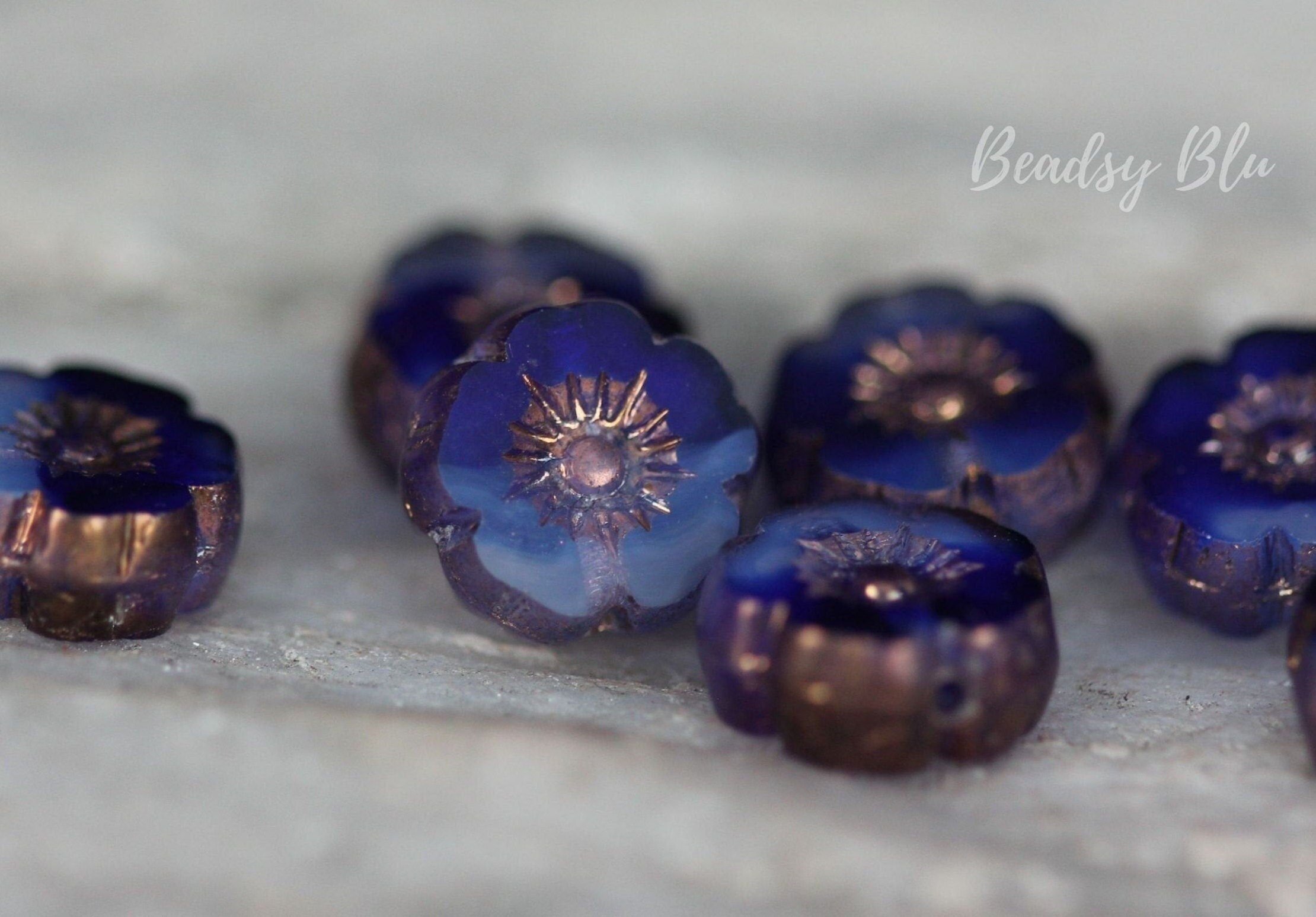 Royal Blue with Bronze Hawaiian Flower Czech Glass Beads 9mm