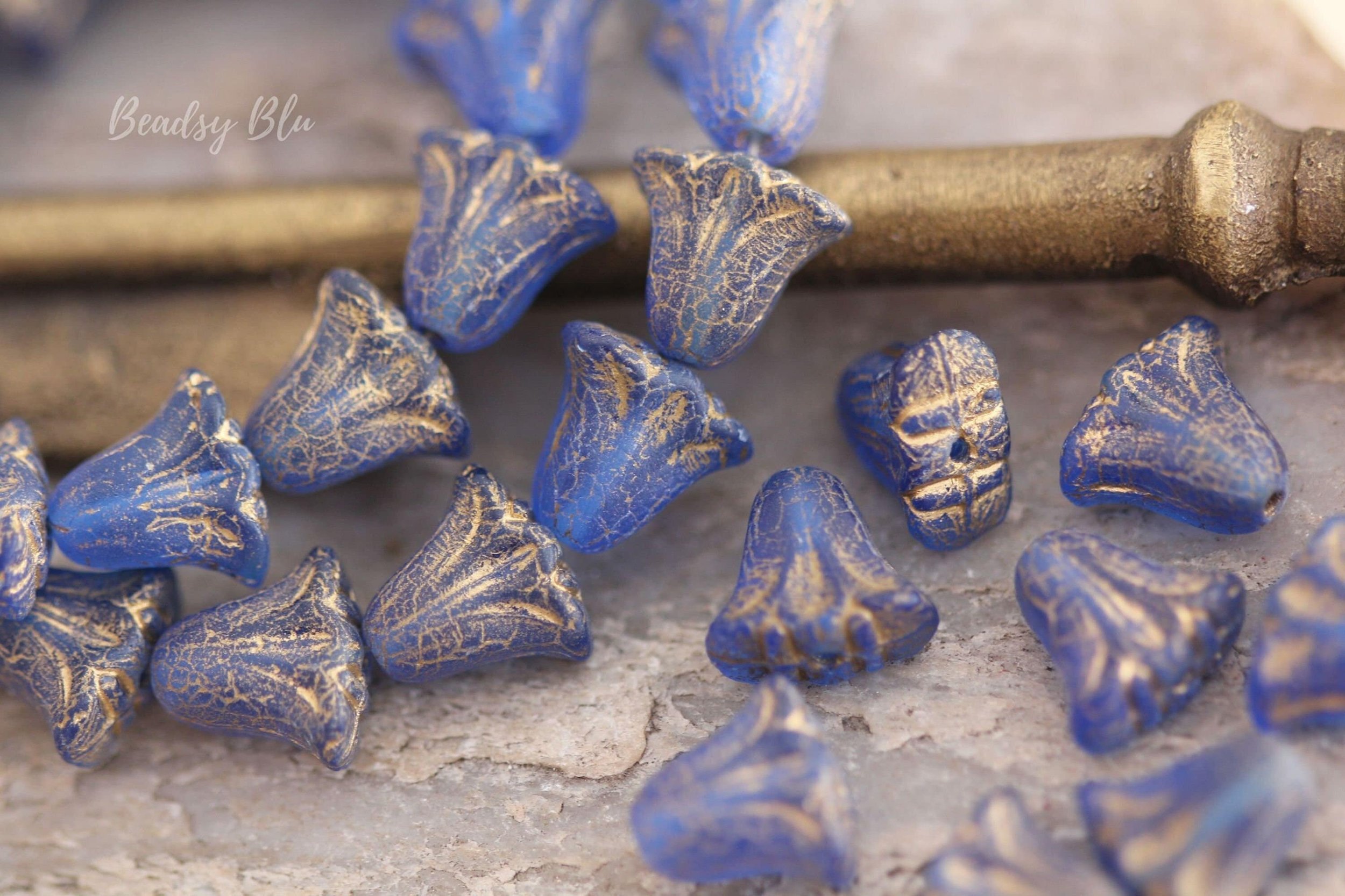 Matte Blue Gold Lily Czech Glass Beads 9x10mm
