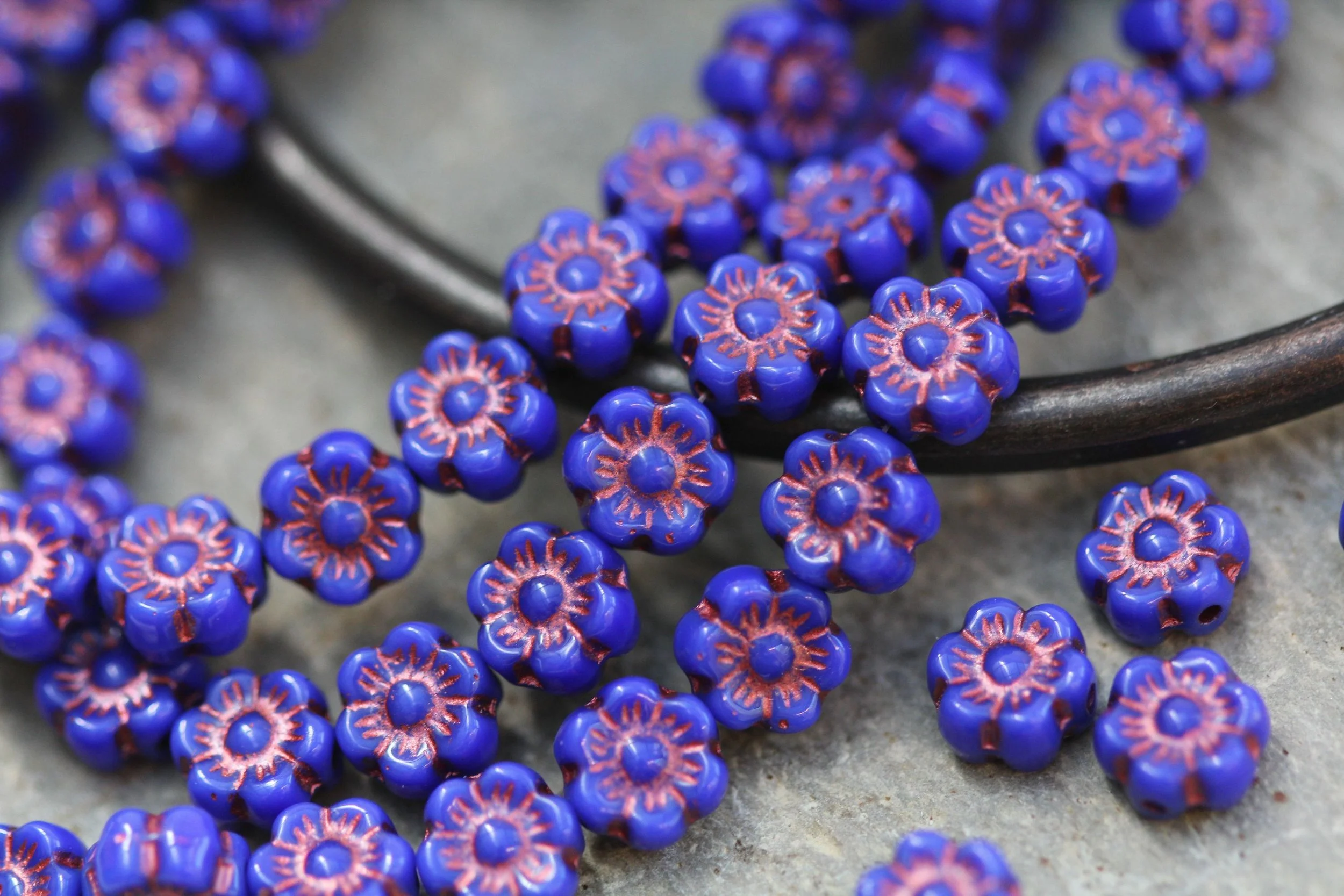 Indigo Blue Tiny Hawaiian Flower Czech Glass Beads 7mm