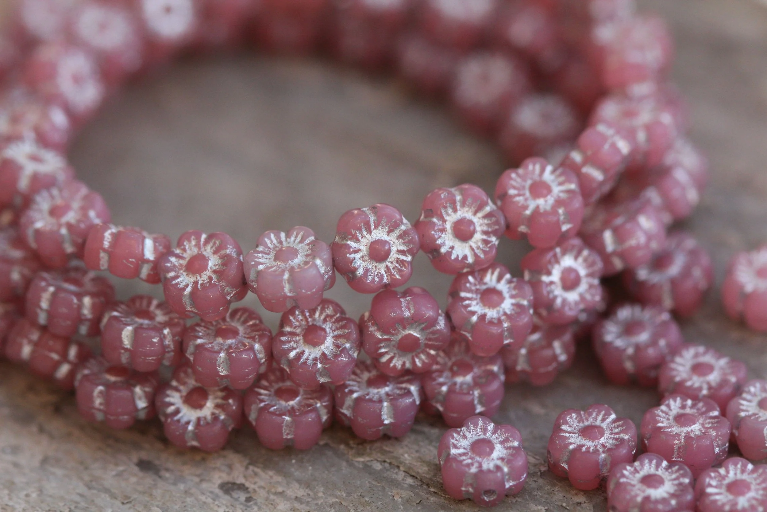 Pink with Silver Tiny Hawaiian Flower Beads Czech Glass Beads 7mm