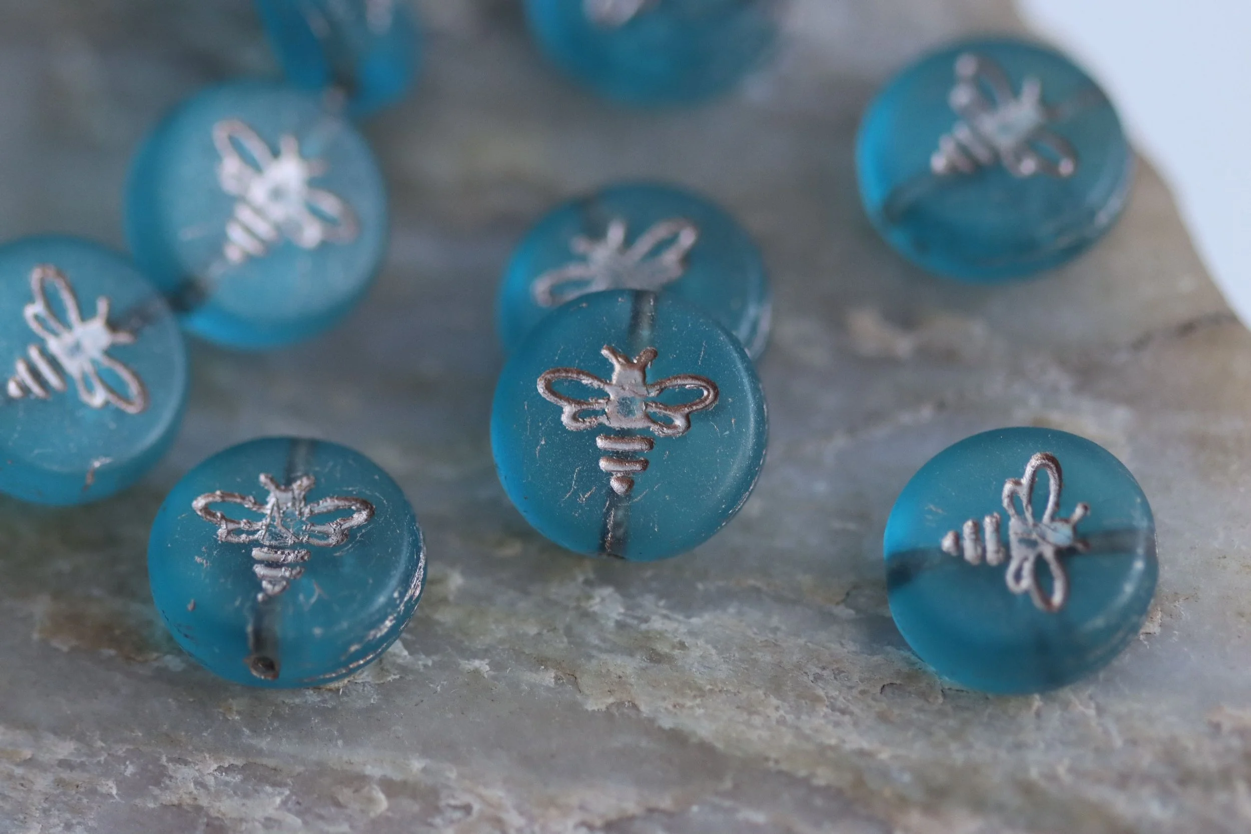 Matte Ocean Blue with Platinum Wash Coin Bee Czech Glass Beads 12mm